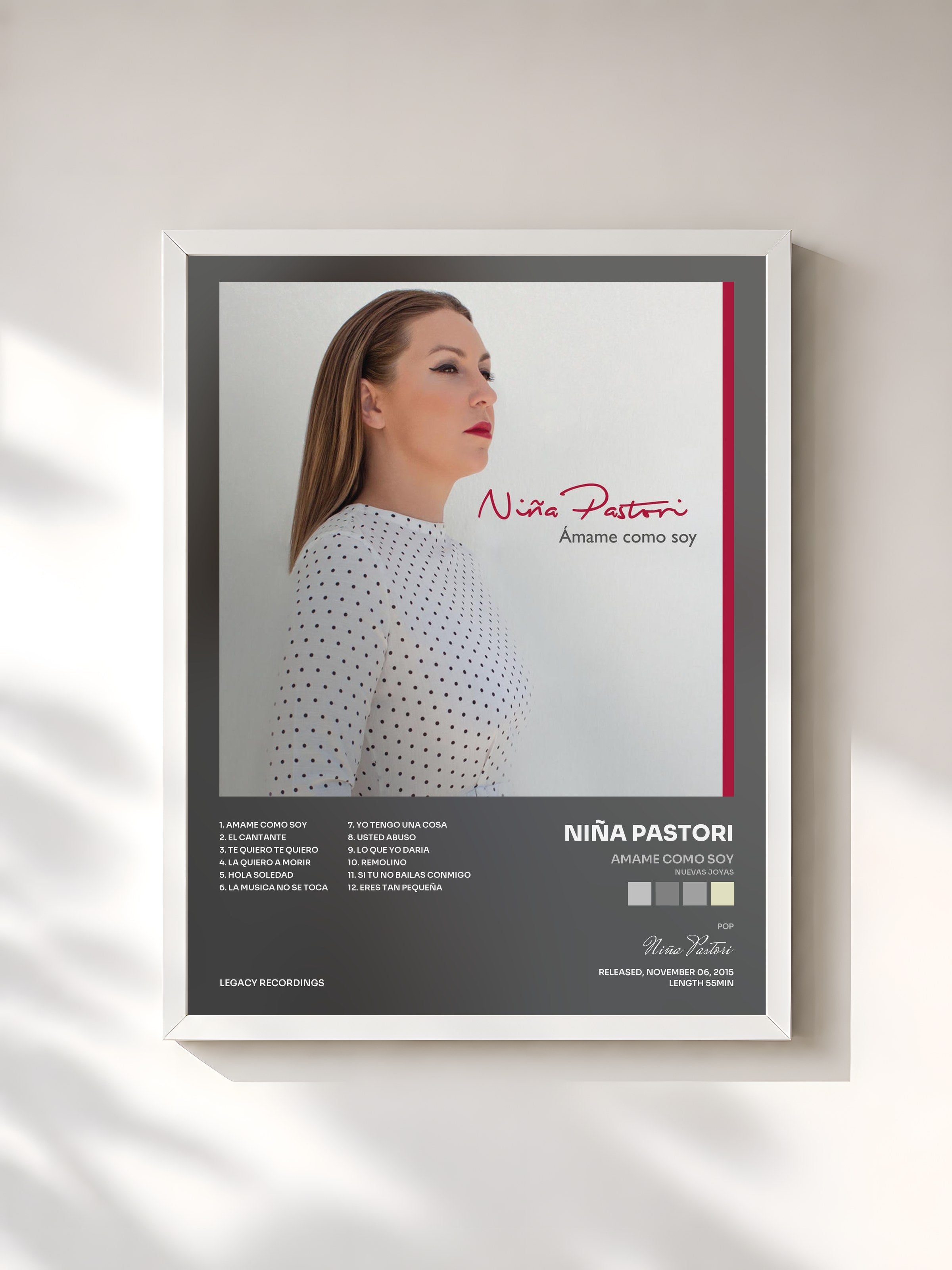 #blanc Tableau de l'album Amame Como Soy (Nuevas Joyas) de Niña Pastori, cadre blanc, imprimé et encadré en France