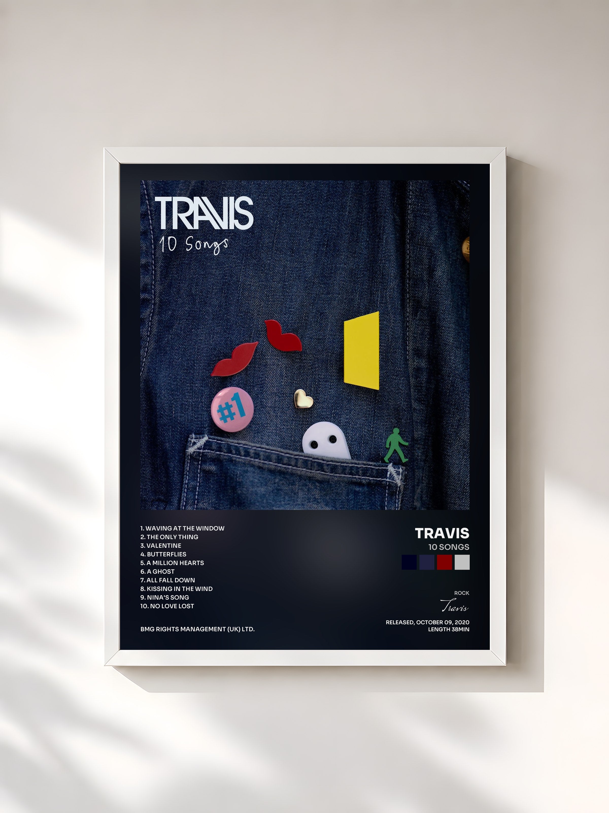 #blanc Tableau de l'album 10 Songs de Travis, cadre blanc, imprimé et encadré en France