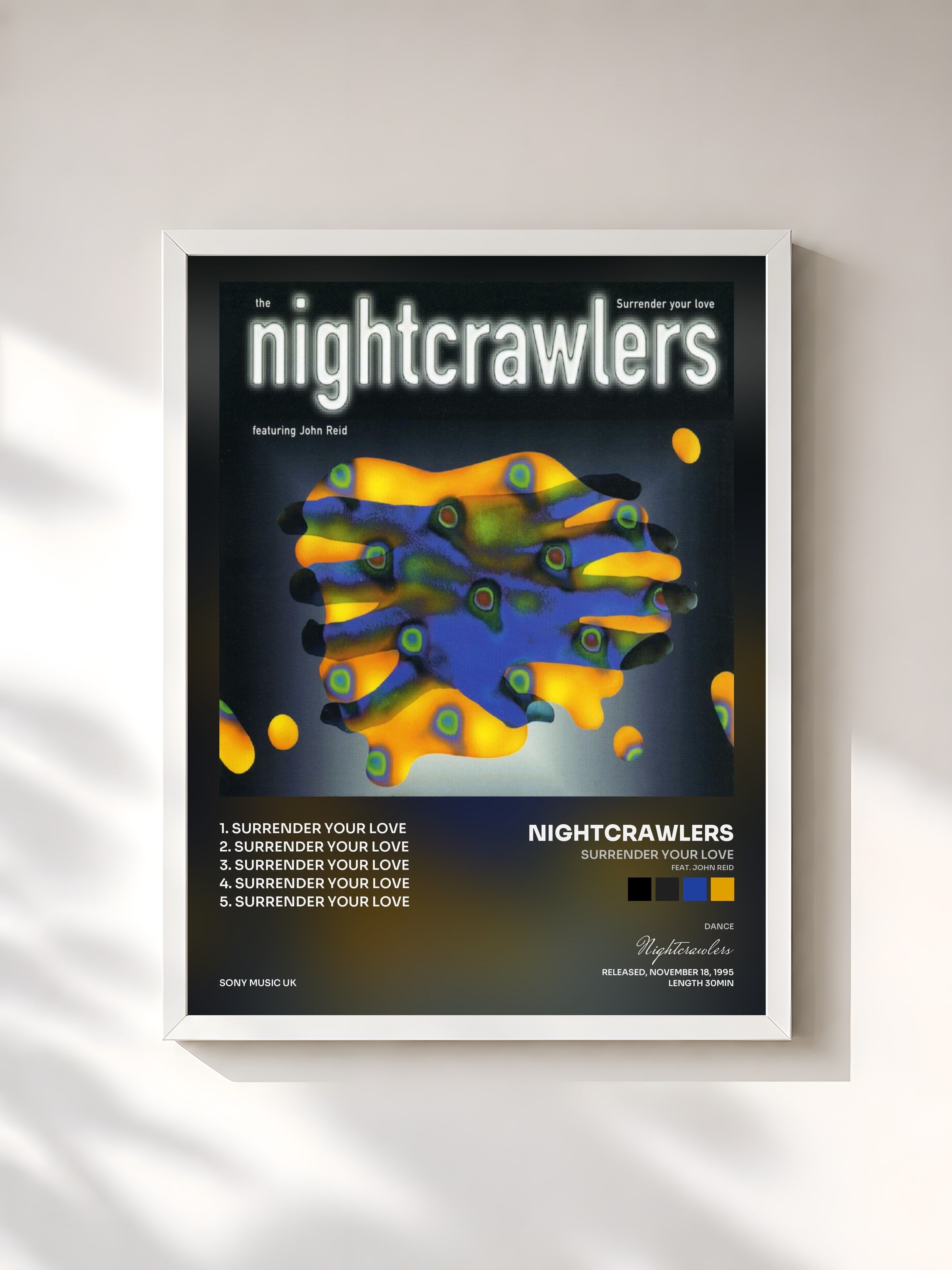 #blanc Tableau de l'album Surrender Your Love (feat. John Reid) de Nightcrawlers, cadre blanc, imprimé et encadré en France