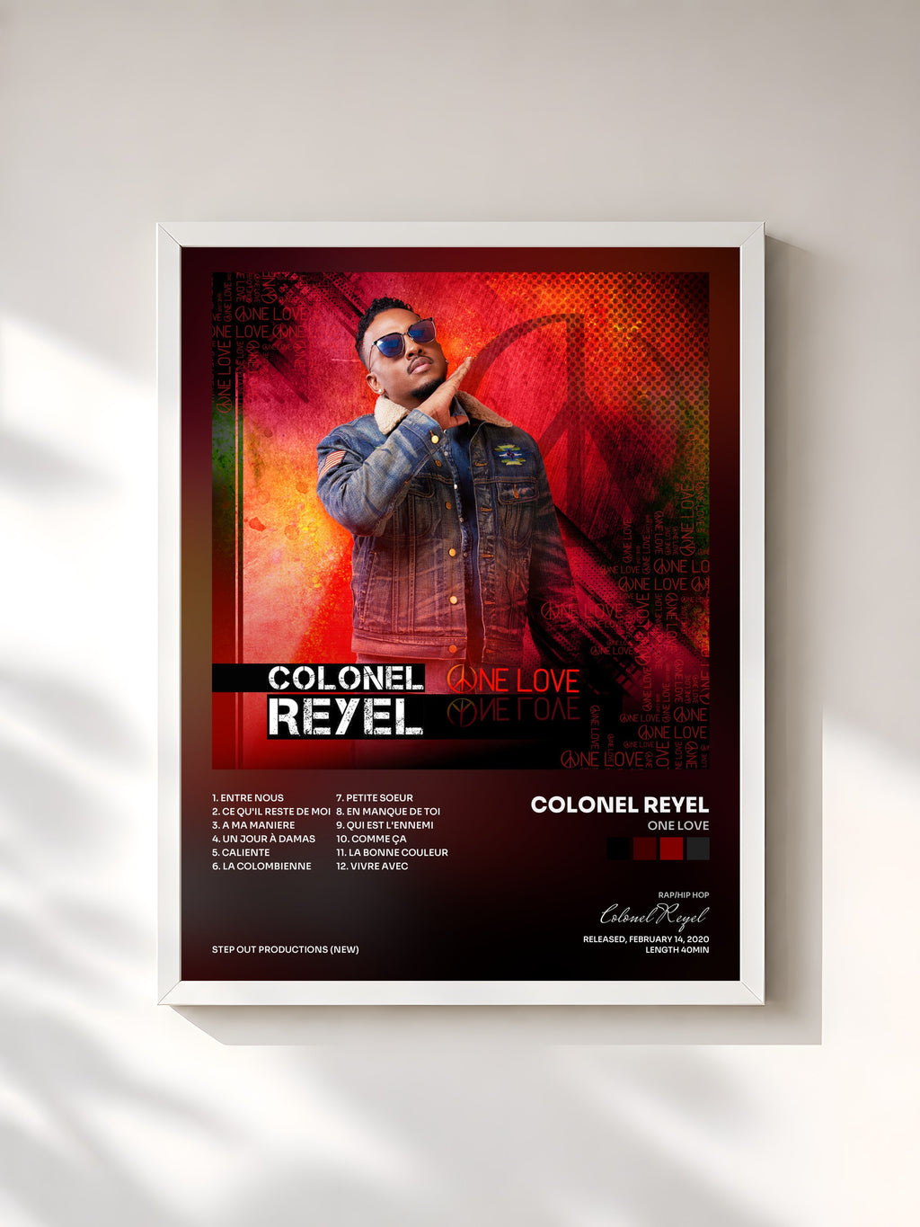 #blanc Tableau de l'album One Love de Colonel Reyel, cadre blanc, imprimé et encadré en France
