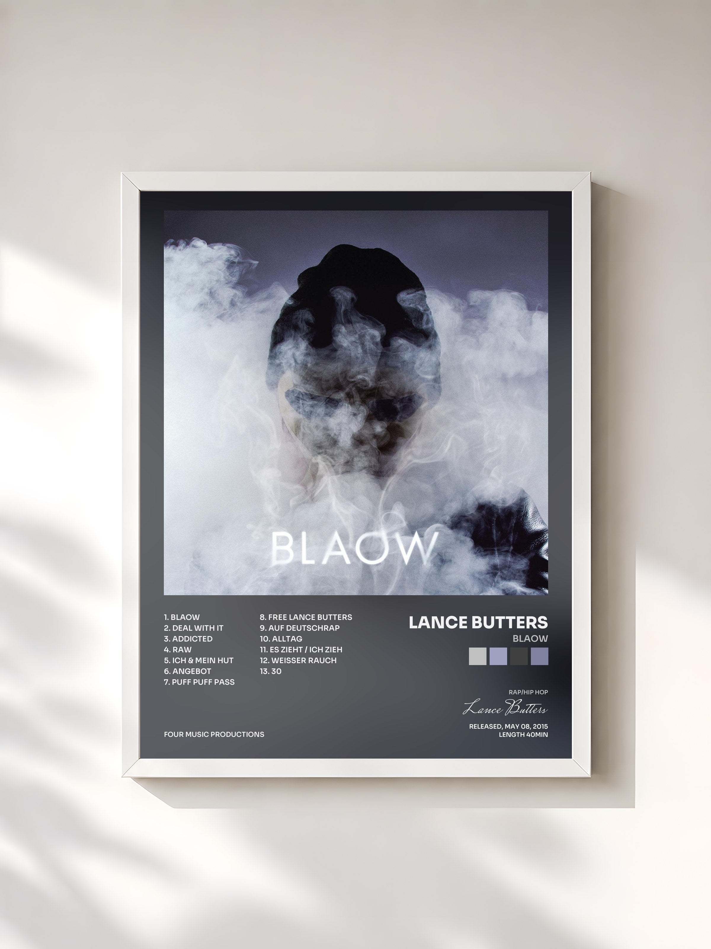 #blanc Tableau de l'album BLAOW de Lance Butters, cadre blanc, imprimé et encadré en France