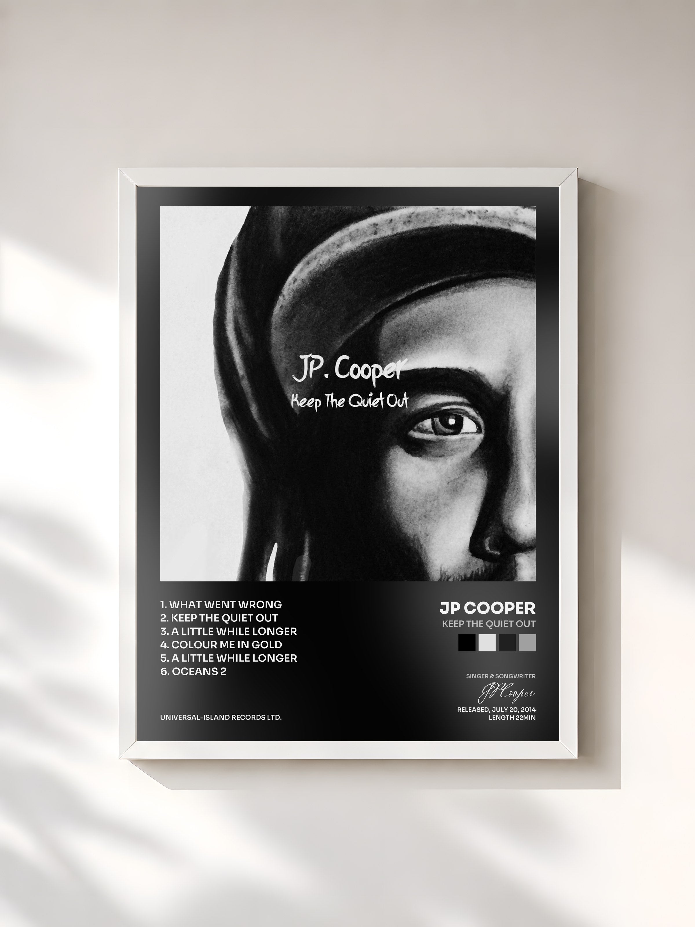 #blanc Tableau de l'album Keep The Quiet Out de JP Cooper, cadre blanc, imprimé et encadré en France