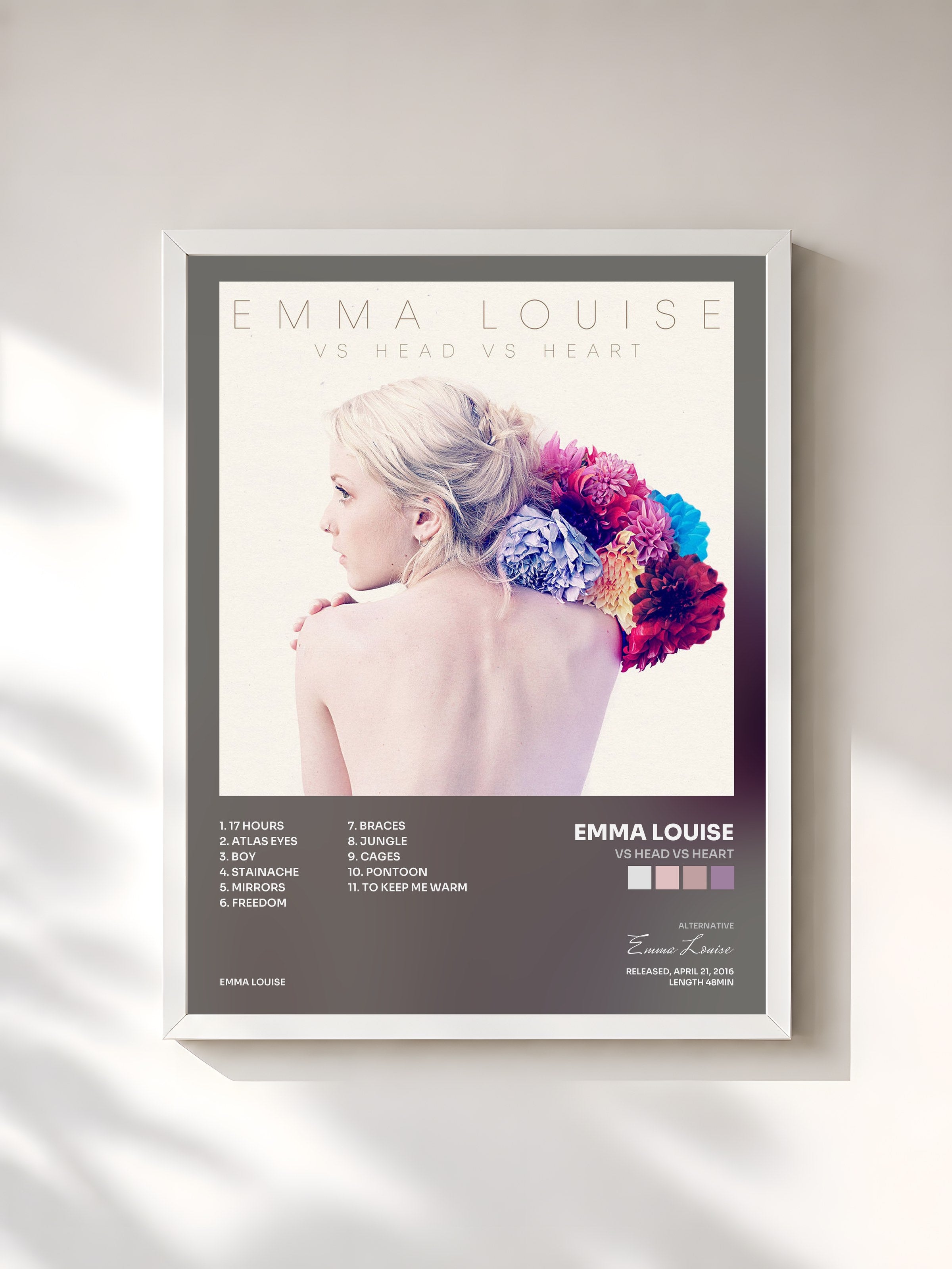 #blanc Tableau de l'album Vs Head Vs Heart de Emma Louise, cadre blanc, imprimé et encadré en France