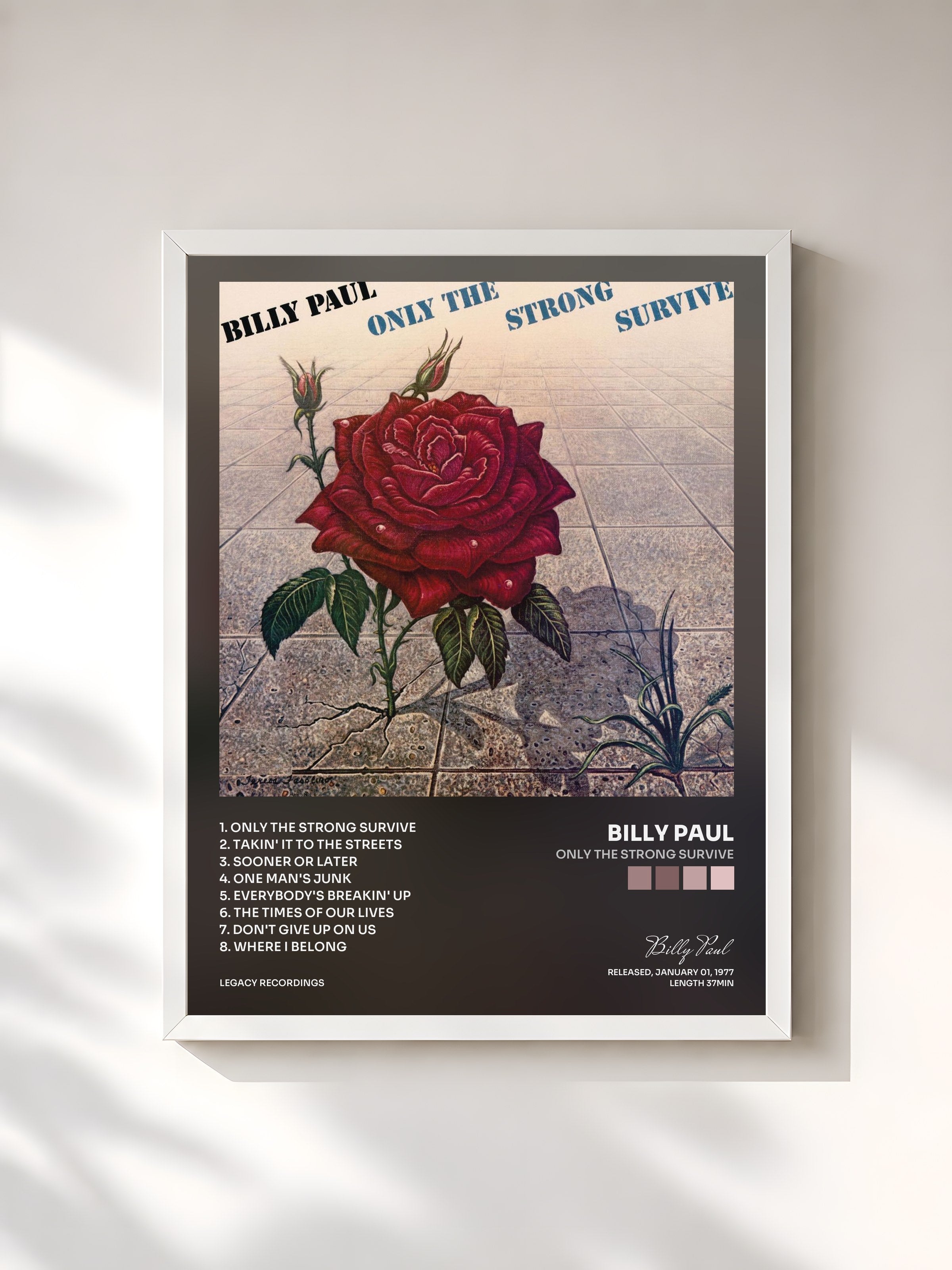 #blanc Tableau de l'album Only The Strong Survive de Billy Paul, cadre blanc, imprimé et encadré en France
