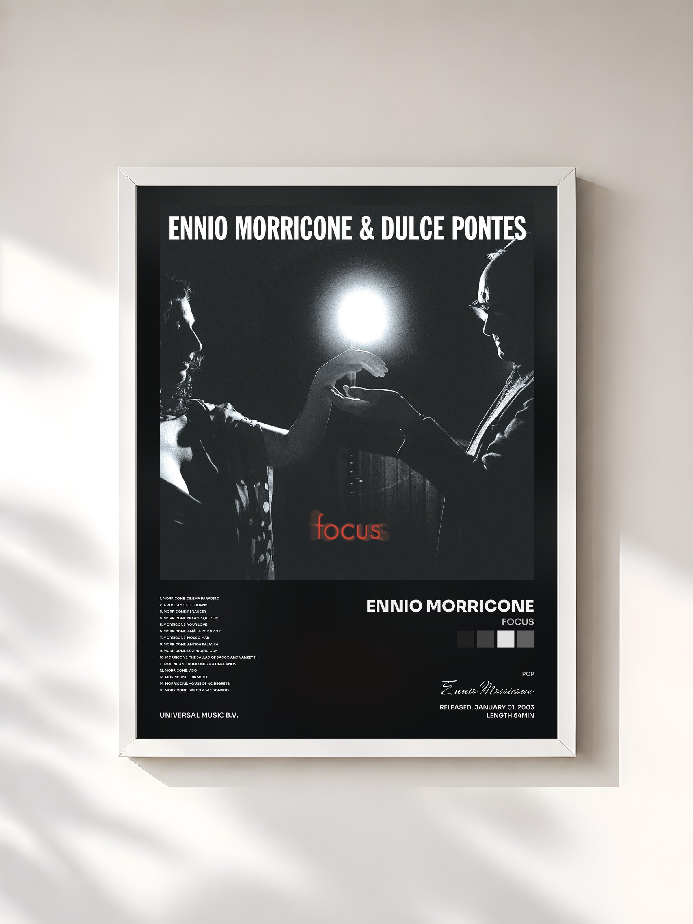 #blanc Tableau de l'album Focus de Ennio Morricone, cadre blanc, imprimé et encadré en France