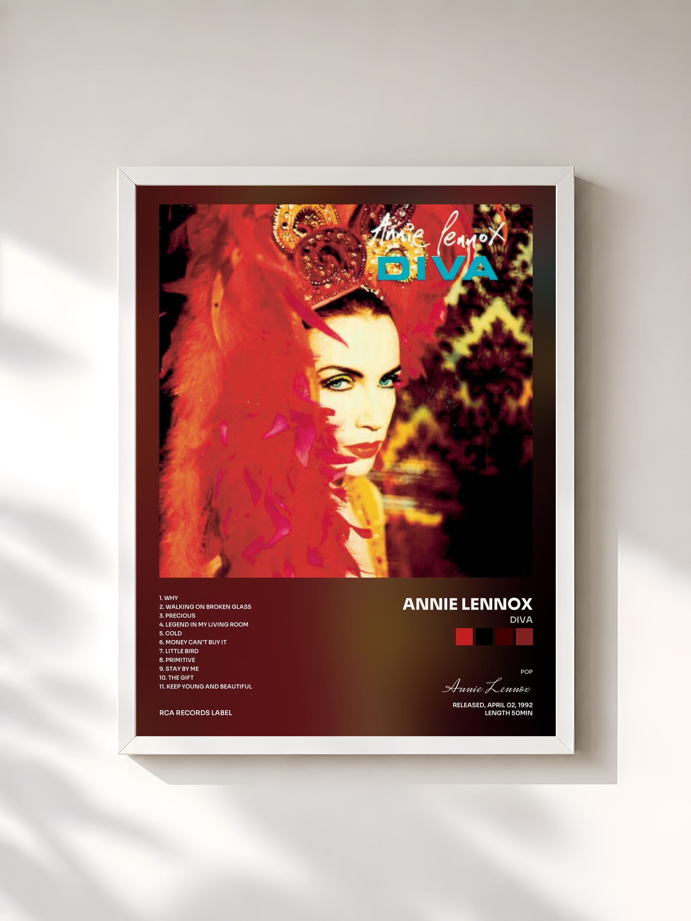 #blanc Tableau de l'album Diva de Annie Lennox, cadre blanc, imprimé et encadré en France