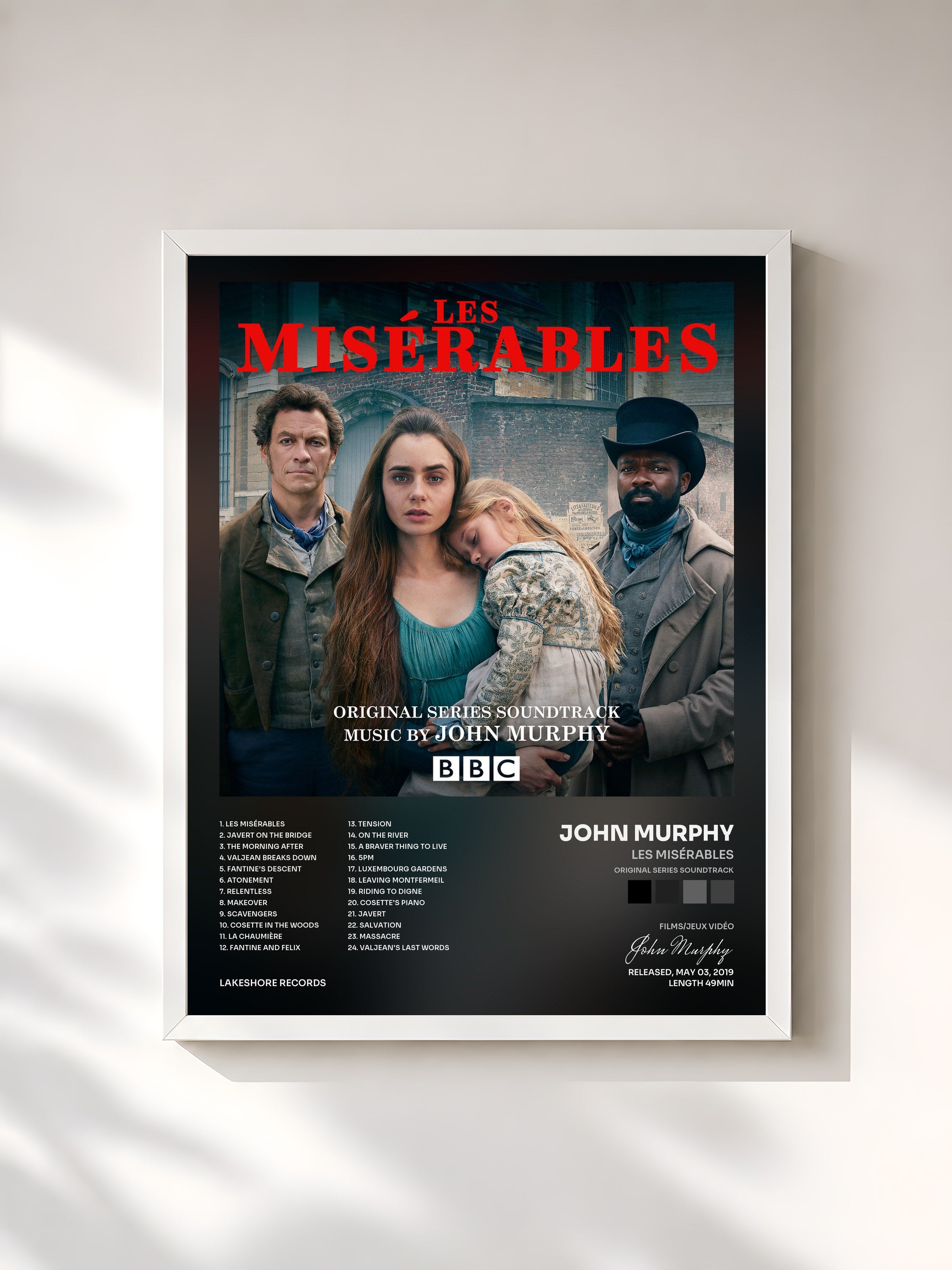 #blanc Tableau de l'album Les Misérables (Original Series Soundtrack) de John Murphy, cadre blanc, imprimé et encadré en France