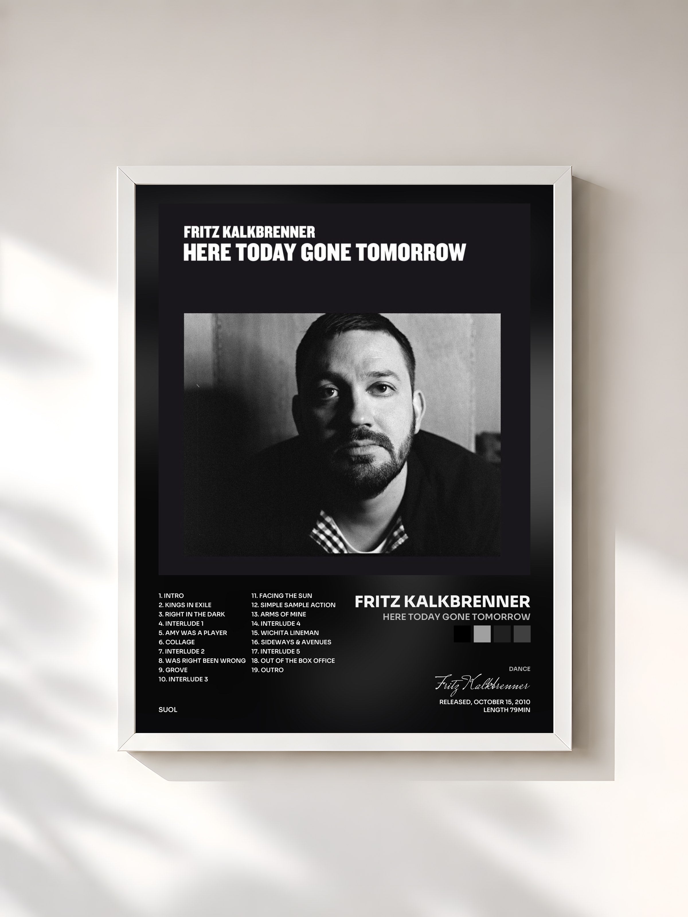 #blanc Tableau de l'album Here Today Gone Tomorrow de Fritz Kalkbrenner, cadre blanc, imprimé et encadré en France