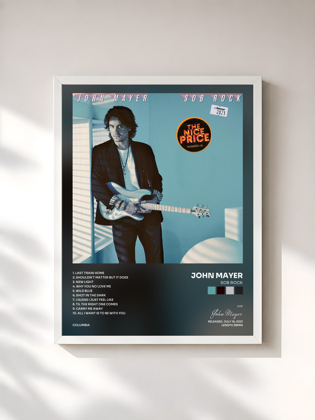 #blanc Tableau de l'album Sob Rock de John Mayer, cadre blanc, imprimé et encadré en France