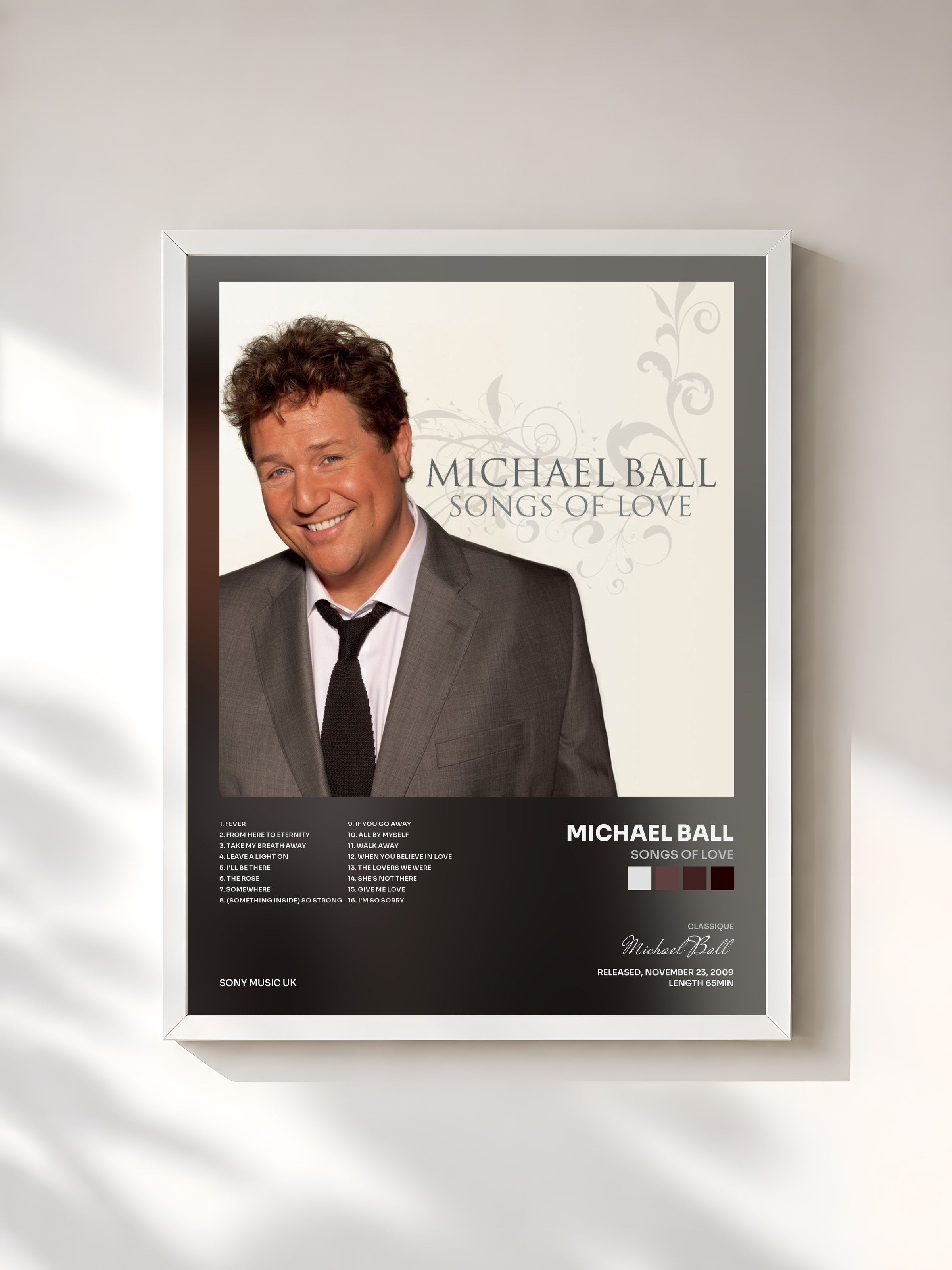 #blanc Tableau de l'album Songs Of Love de Michael Ball, cadre blanc, imprimé et encadré en France