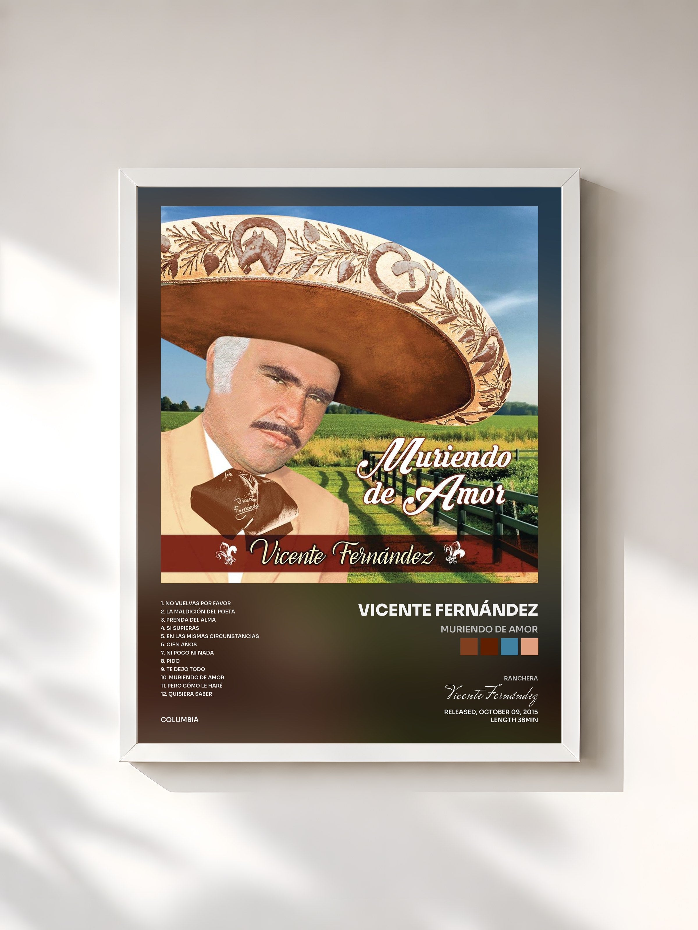 #blanc Tableau de l'album Muriendo de Amor de Vicente Fernández, cadre blanc, imprimé et encadré en France