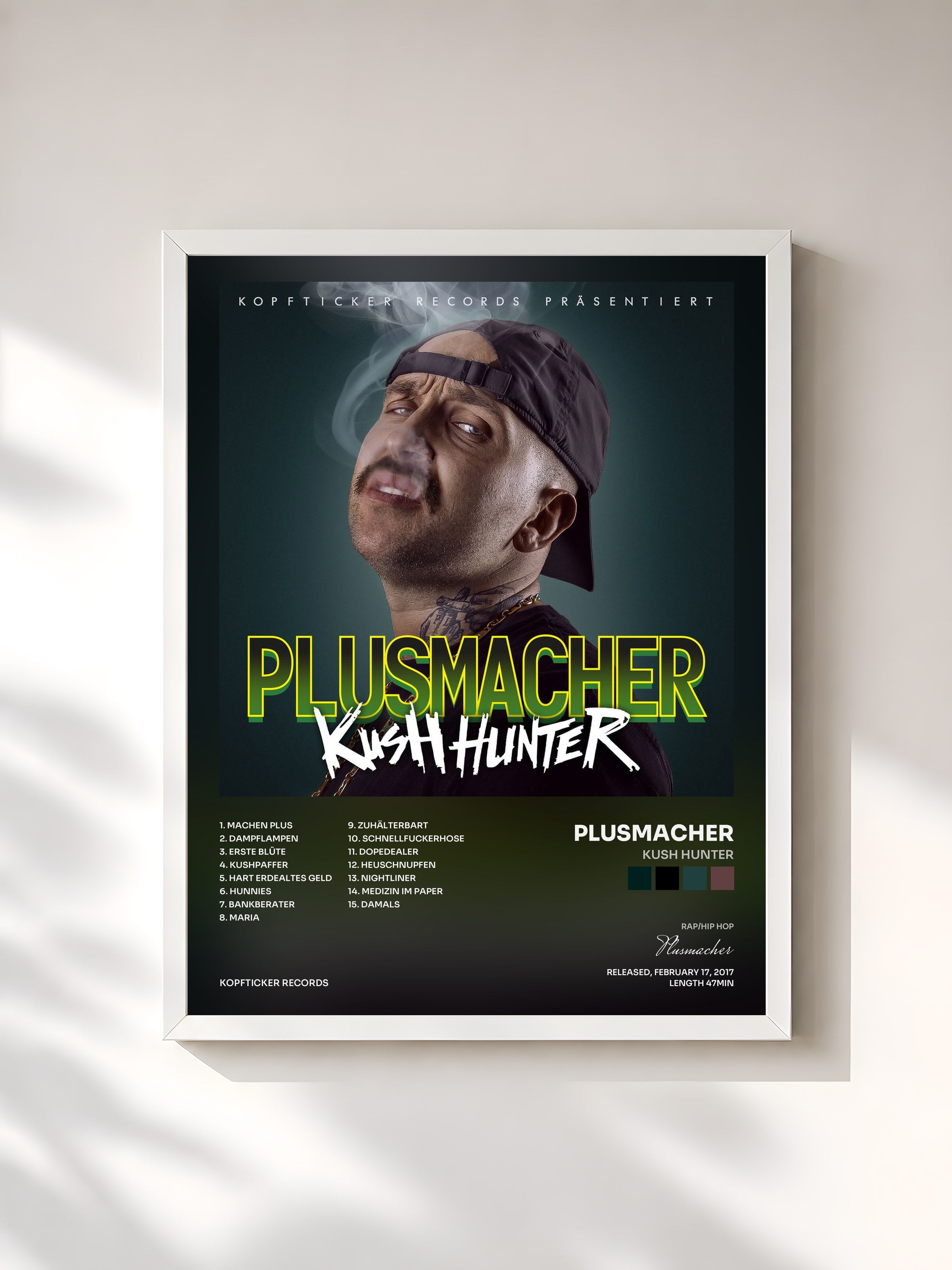 #blanc Tableau de l'album Kush Hunter de Plusmacher, cadre blanc, imprimé et encadré en France