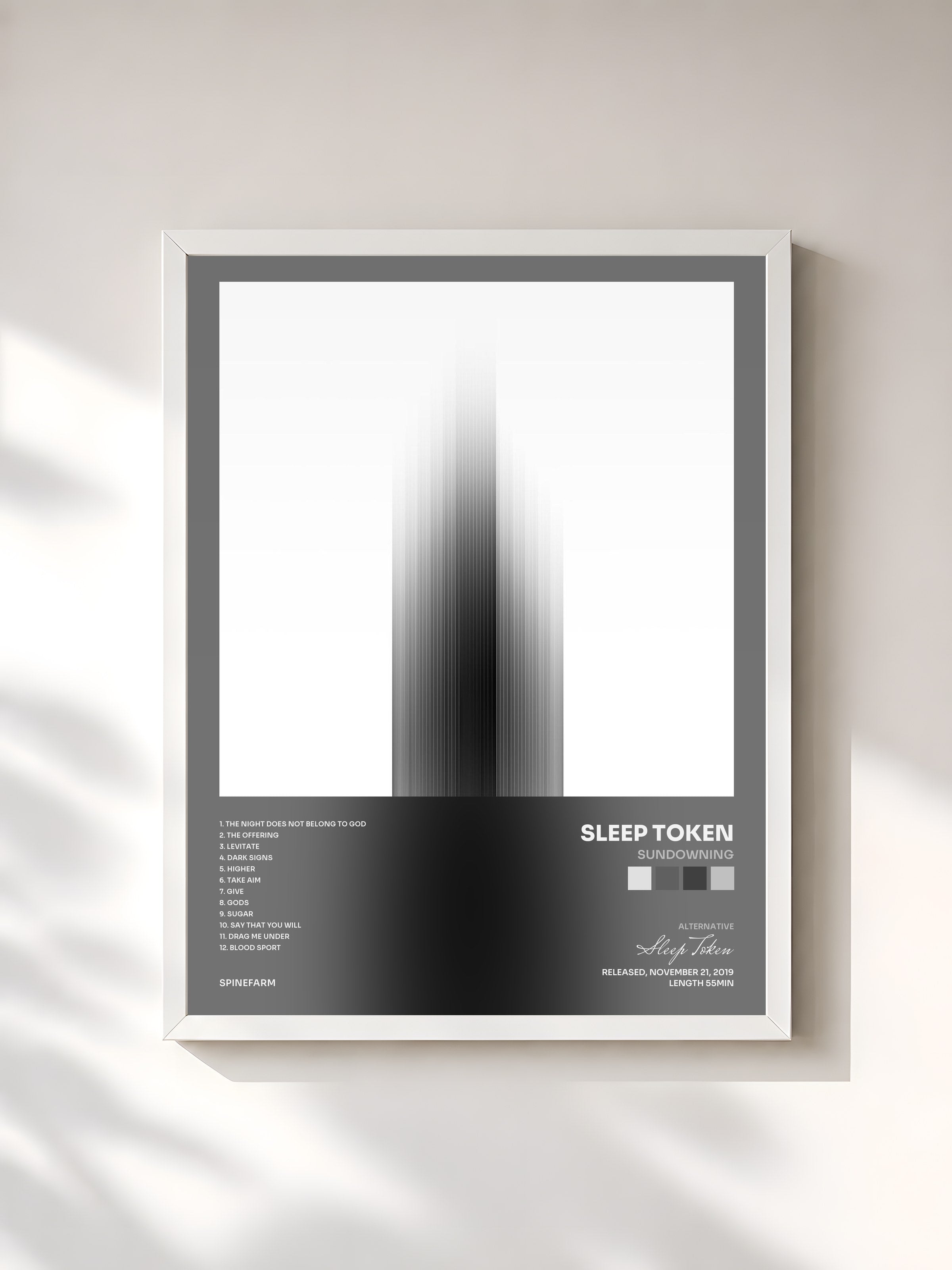 #blanc Tableau de l'album Sundowning de Sleep Token, cadre blanc, imprimé et encadré en France