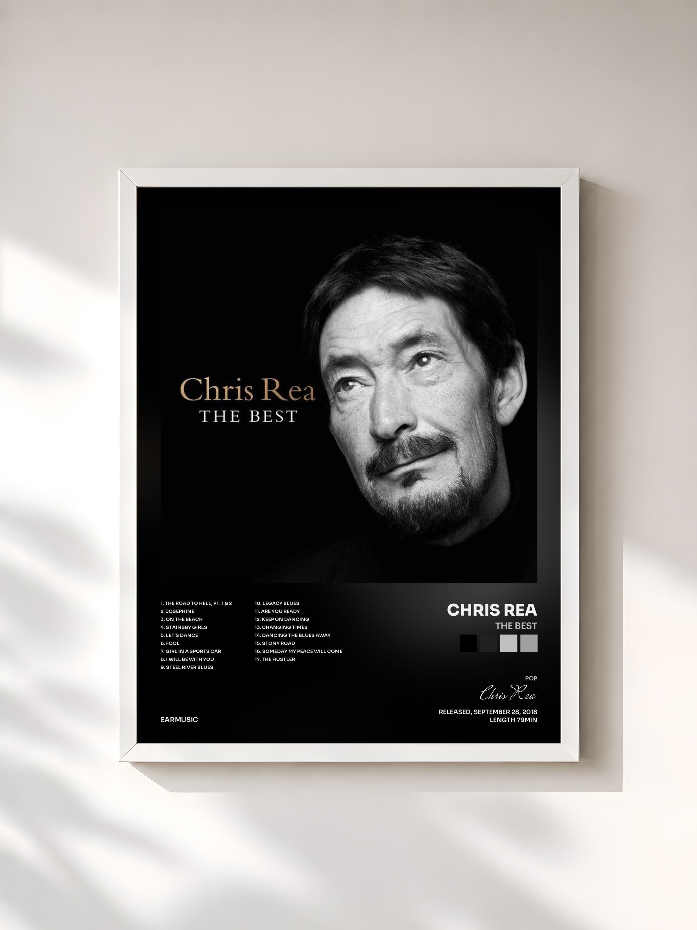 #blanc Tableau de l'album The Best de Chris Rea, cadre blanc, imprimé et encadré en France