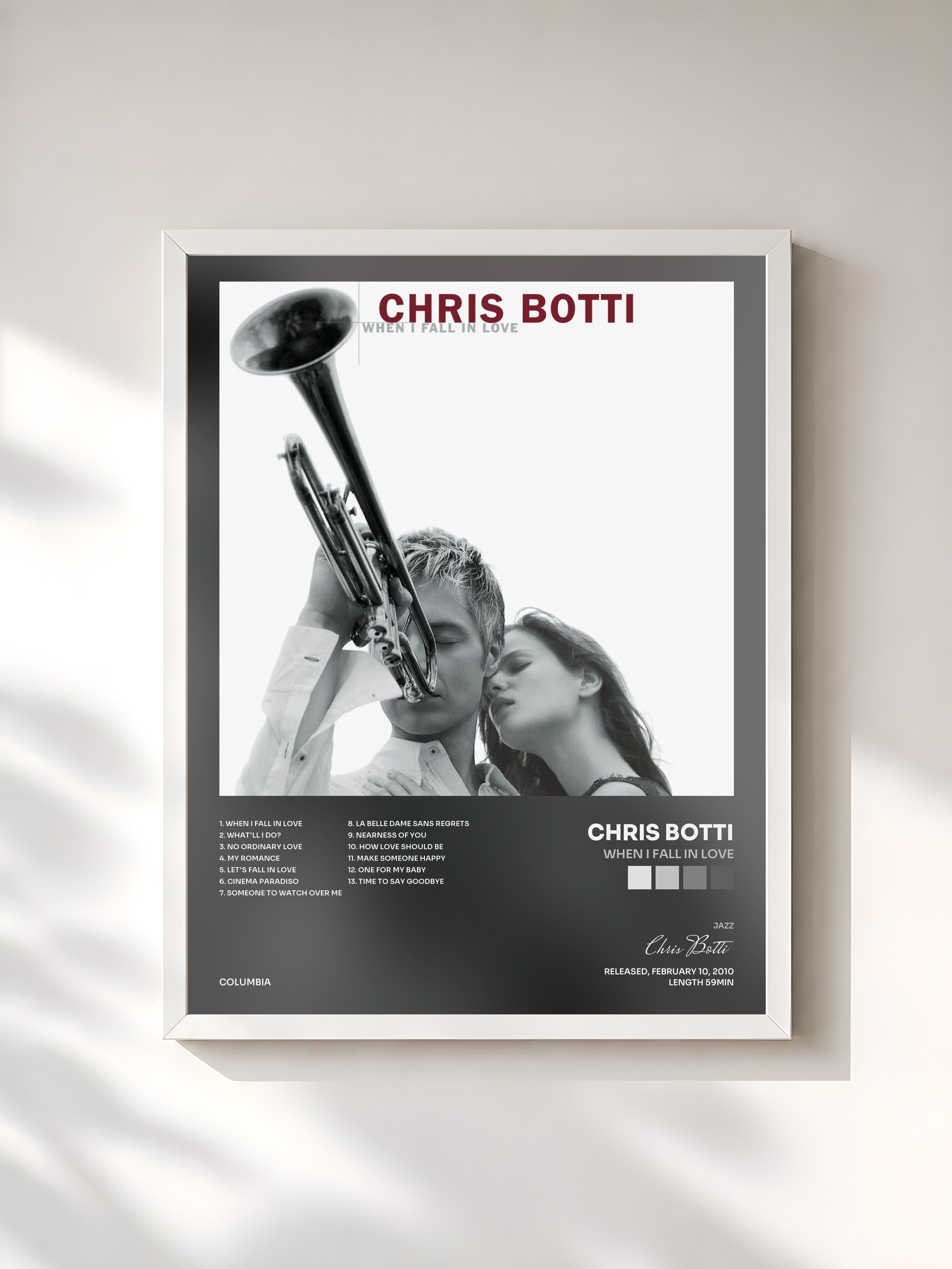 #blanc Tableau de l'album When I Fall In Love de Chris Botti, cadre blanc, imprimé et encadré en France
