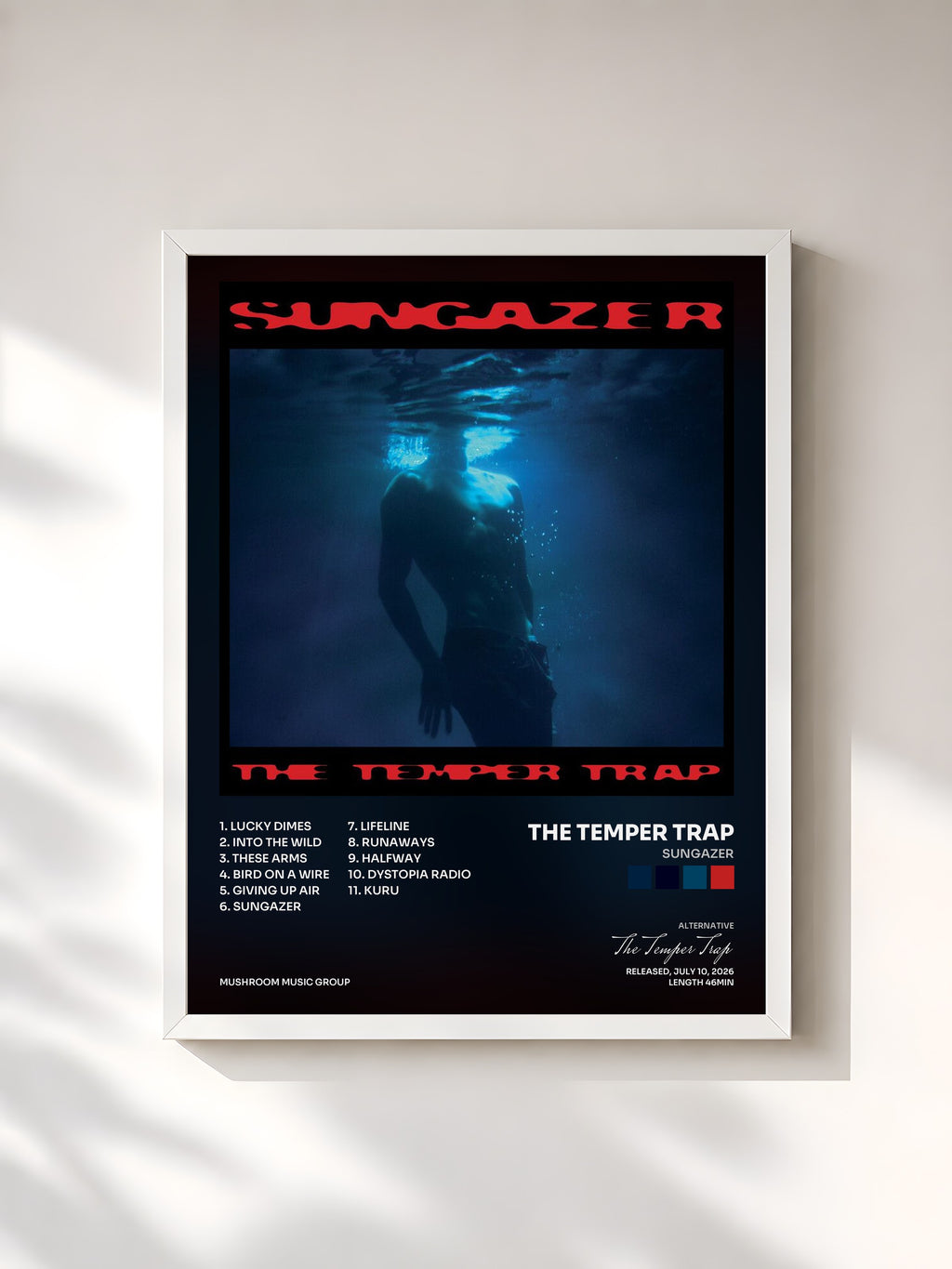#blanc Tableau de l'album Sungazer de The Temper Trap, cadre blanc, imprimé et encadré en France