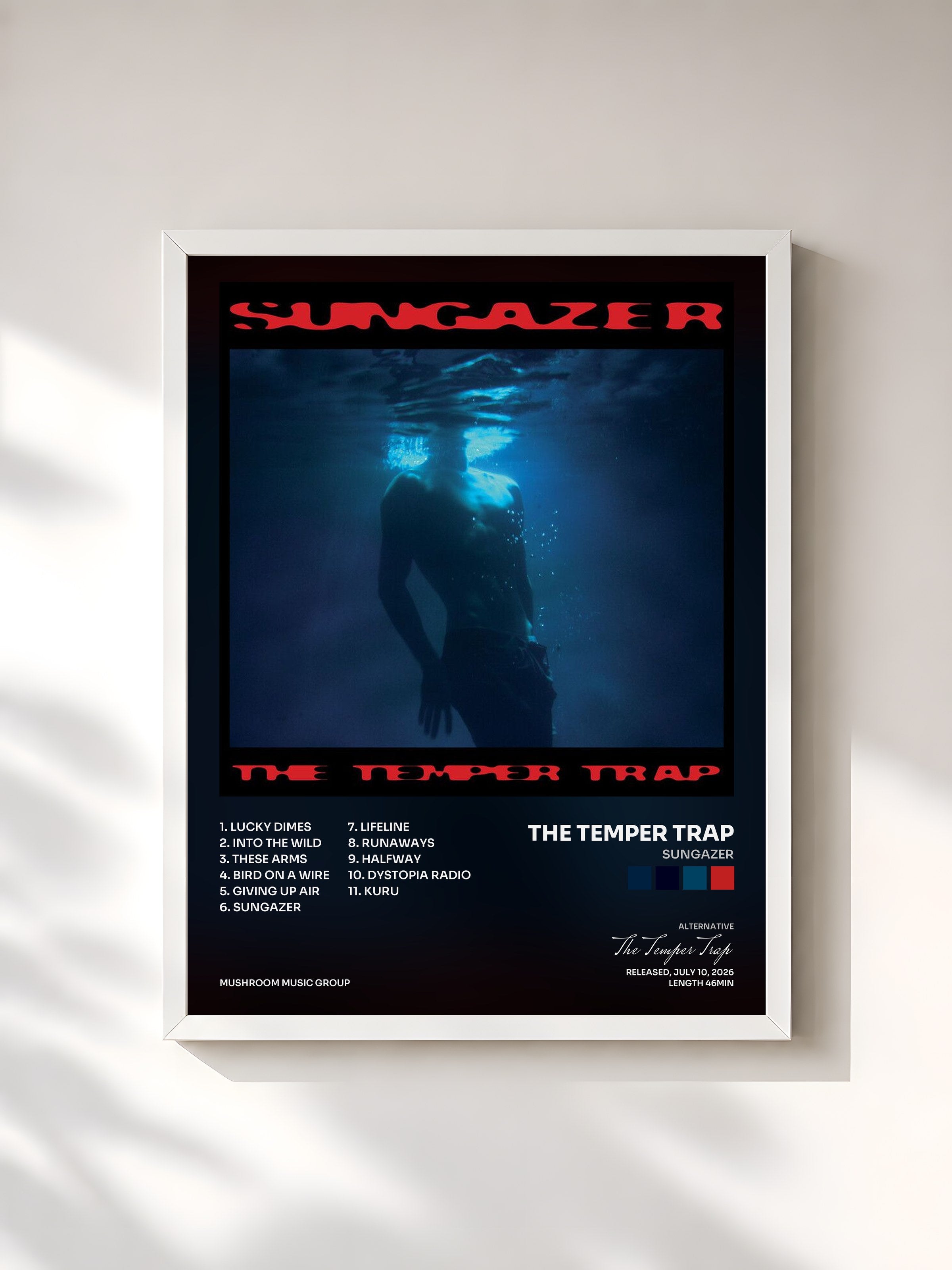 #blanc Tableau de l'album Sungazer de The Temper Trap, cadre blanc, imprimé et encadré en France