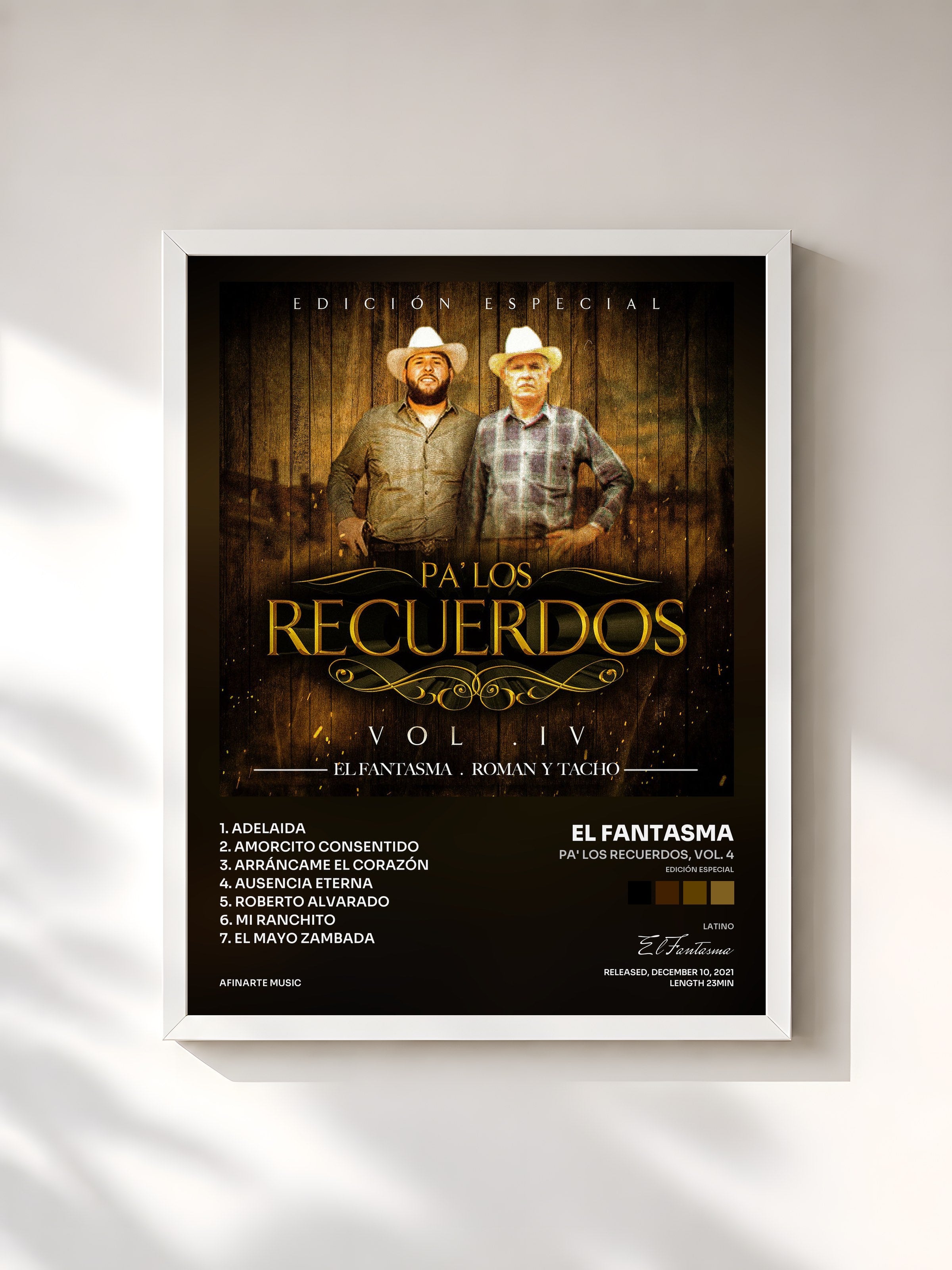 #blanc Tableau de l'album Pa' Los Recuerdos, Vol. 4 (Edición Especial) de El Fantasma, cadre blanc, imprimé et encadré en France