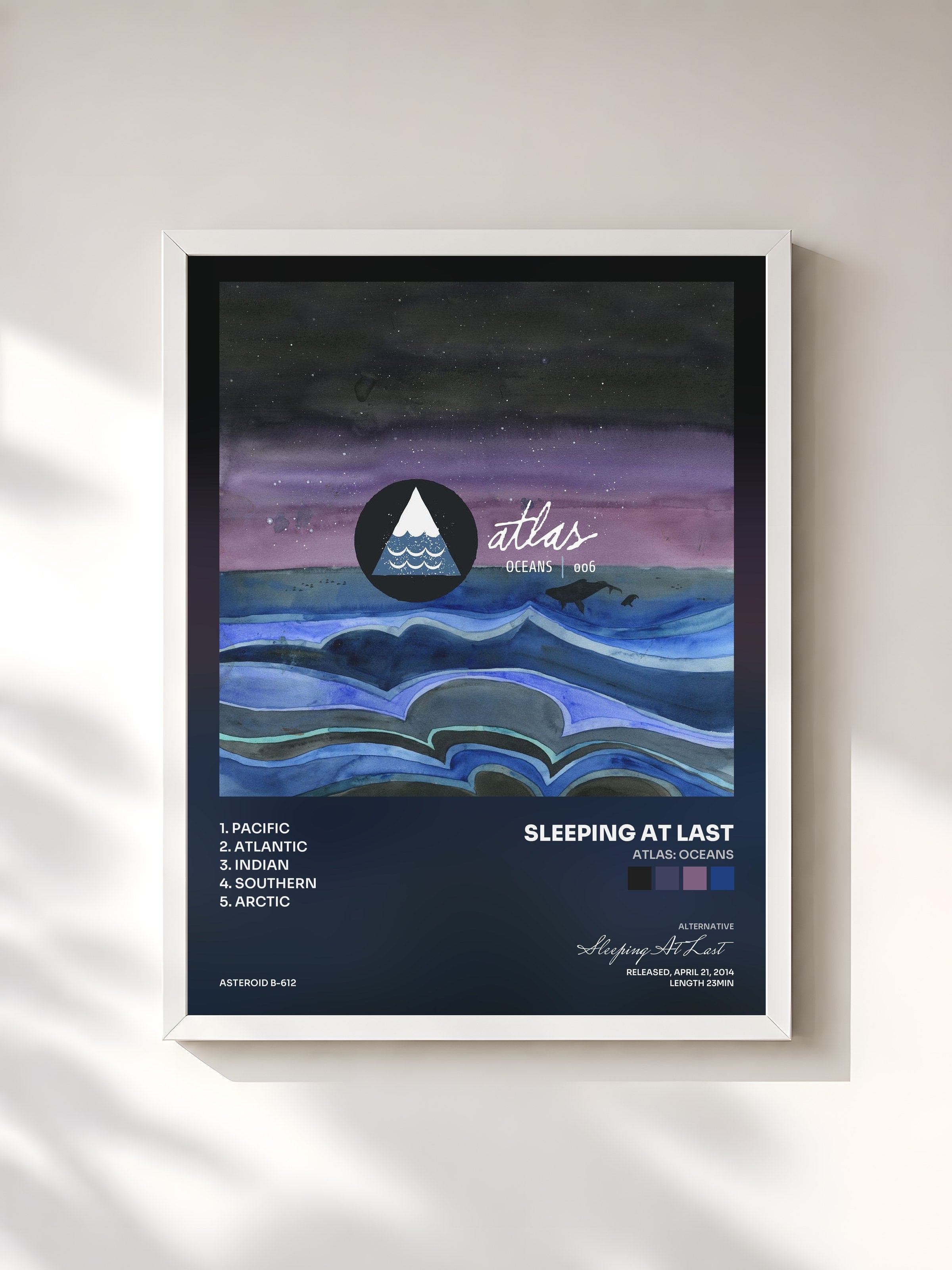 #blanc Tableau de l'album Atlas: Oceans de Sleeping At Last, cadre blanc, imprimé et encadré en France