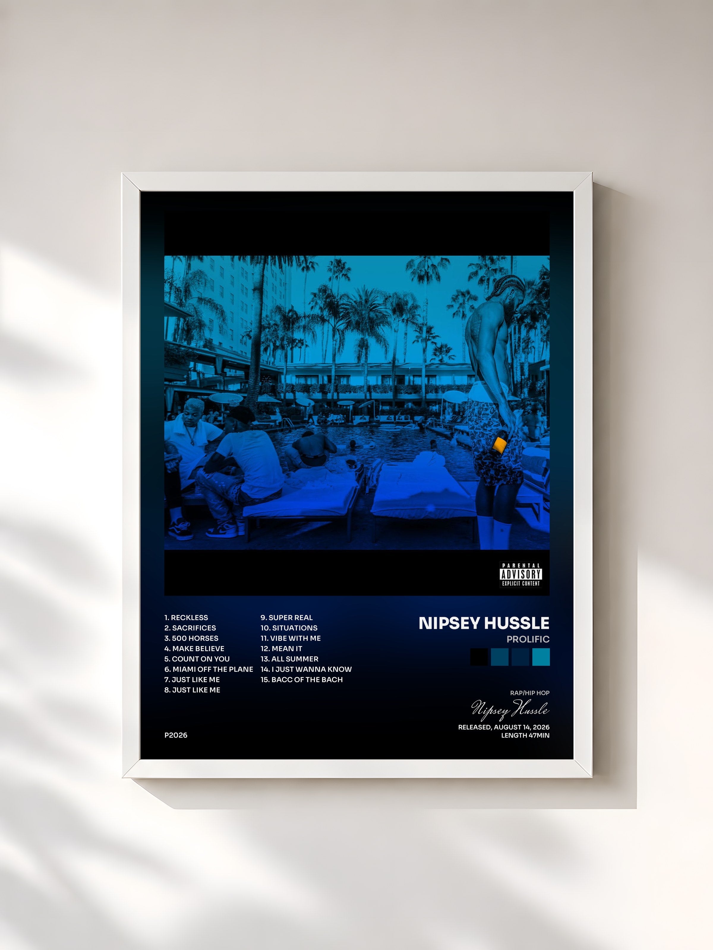 #blanc Tableau de l'album PROLIFIC de Nipsey Hussle, cadre blanc, imprimé et encadré en France