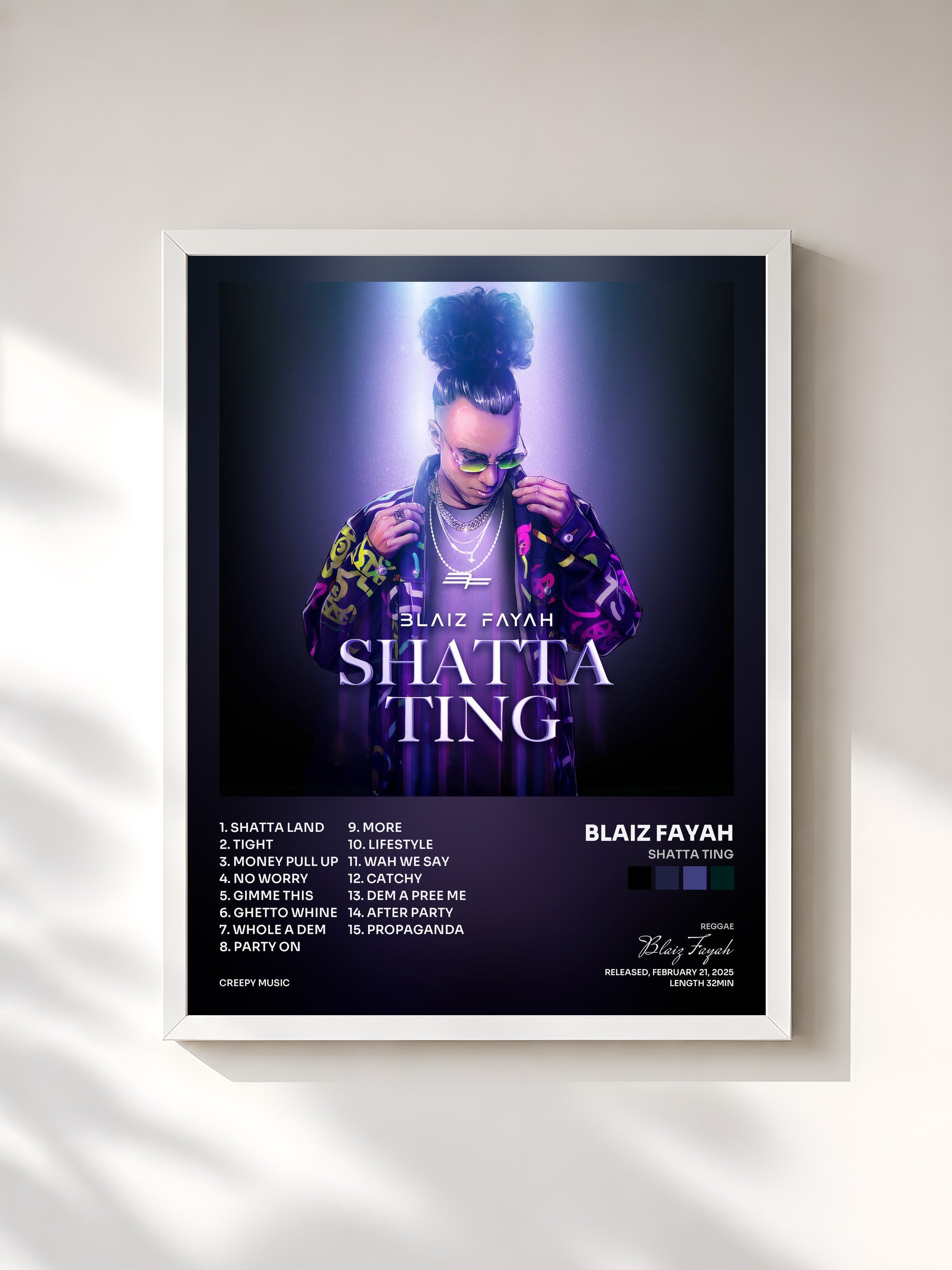 #blanc Tableau de l'album Shatta Ting de Blaiz Fayah, cadre blanc, imprimé et encadré en France