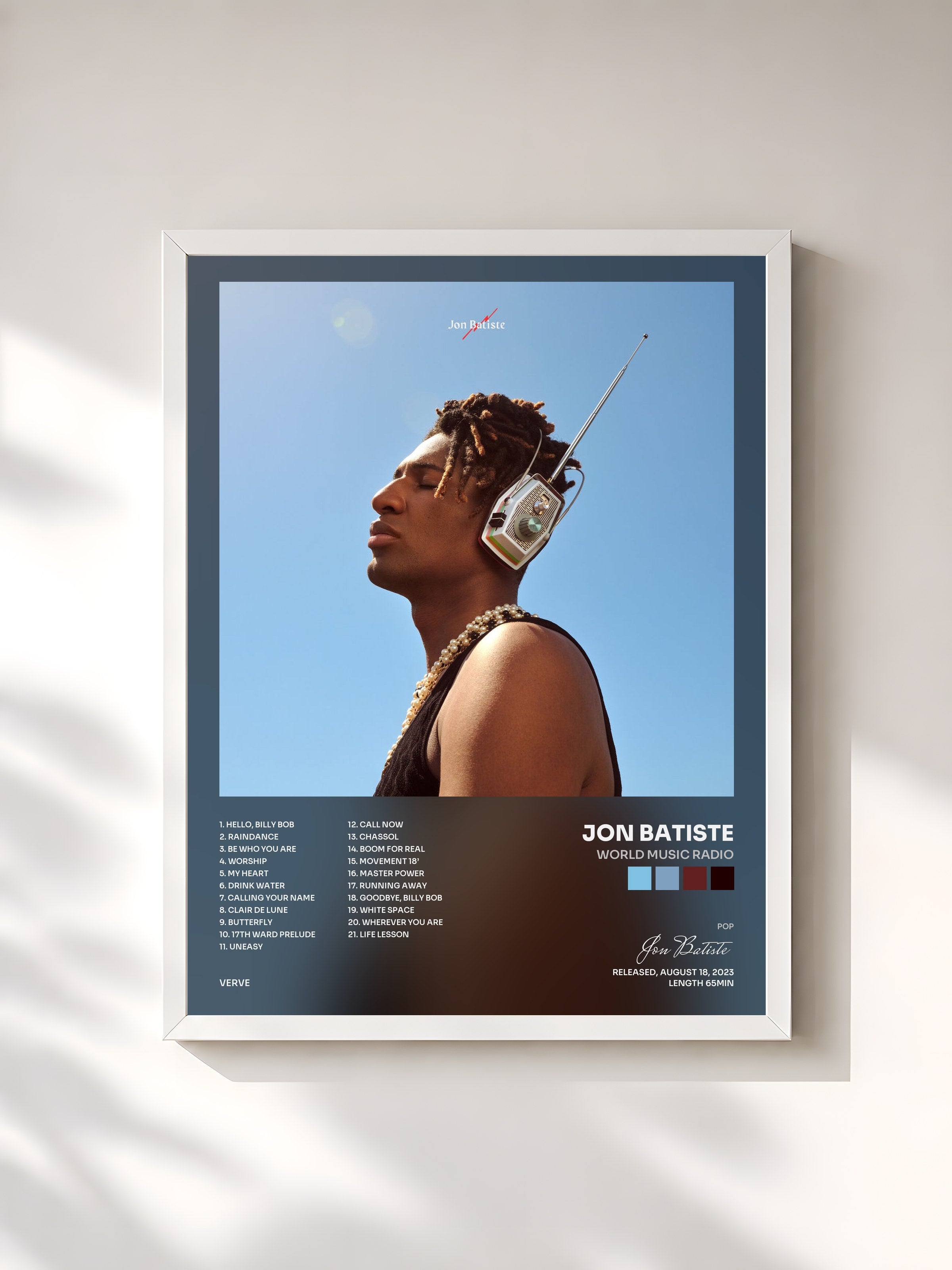 #blanc Tableau de l'album World Music Radio de Jon Batiste, cadre blanc, imprimé et encadré en France