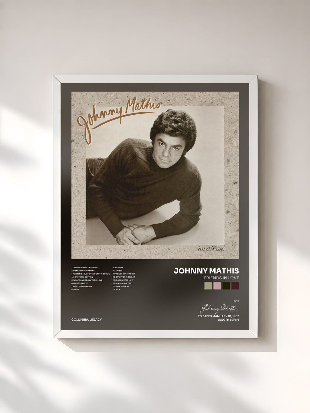 #blanc Friends In Love by Johnny Mathis as a framed art print, white frame, printed and framed in France