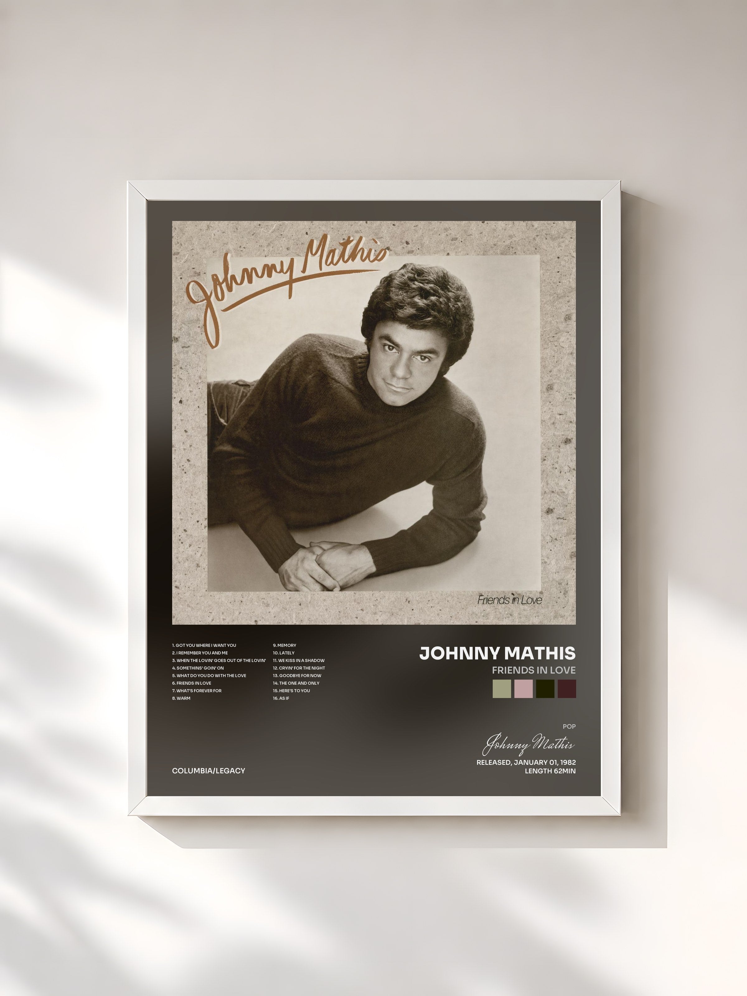 #blanc Tableau de l'album Friends In Love de Johnny Mathis, cadre blanc, imprimé et encadré en France