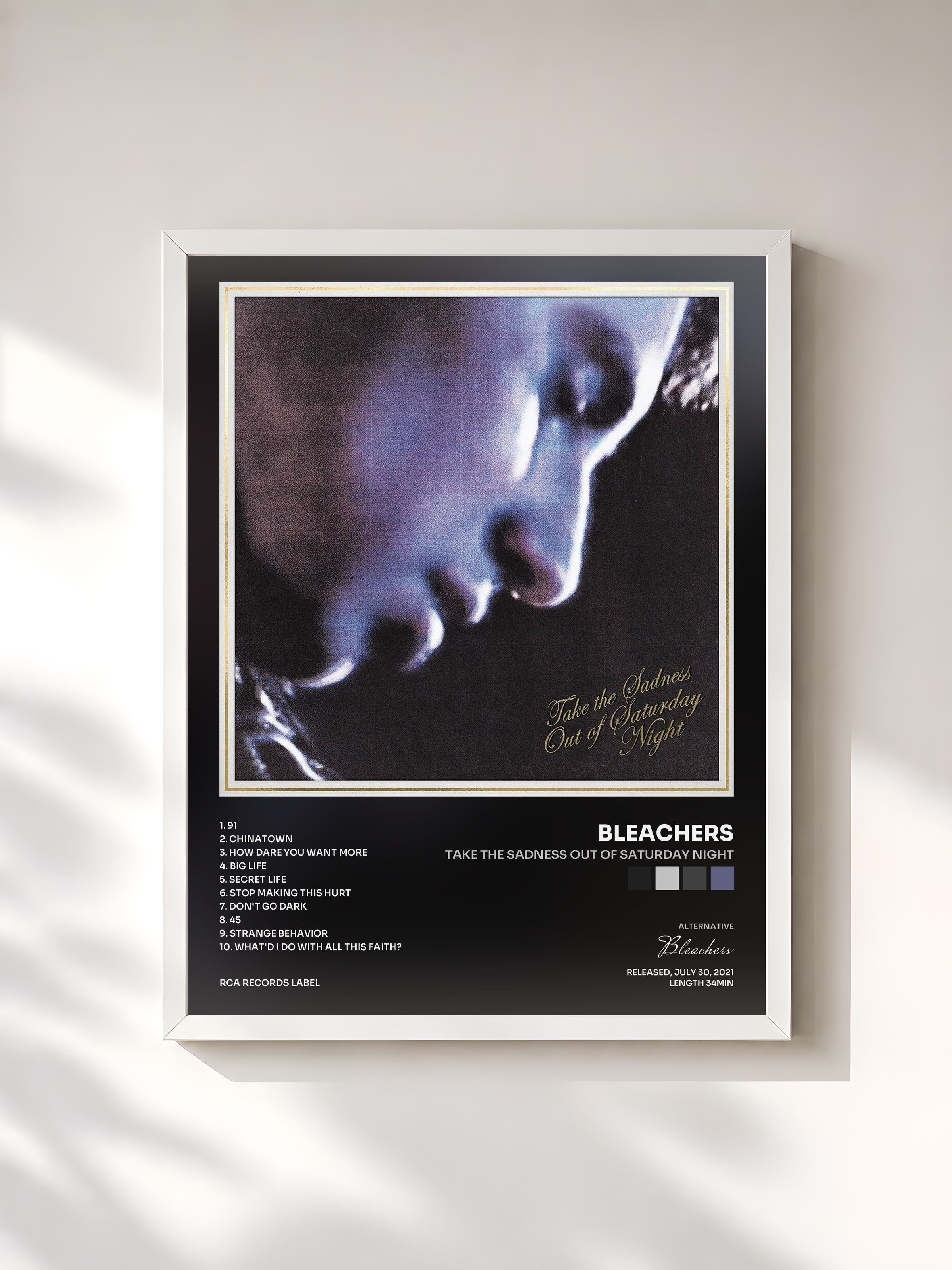 #blanc Tableau de l'album Take the Sadness Out of Saturday Night de Bleachers, cadre blanc, imprimé et encadré en France