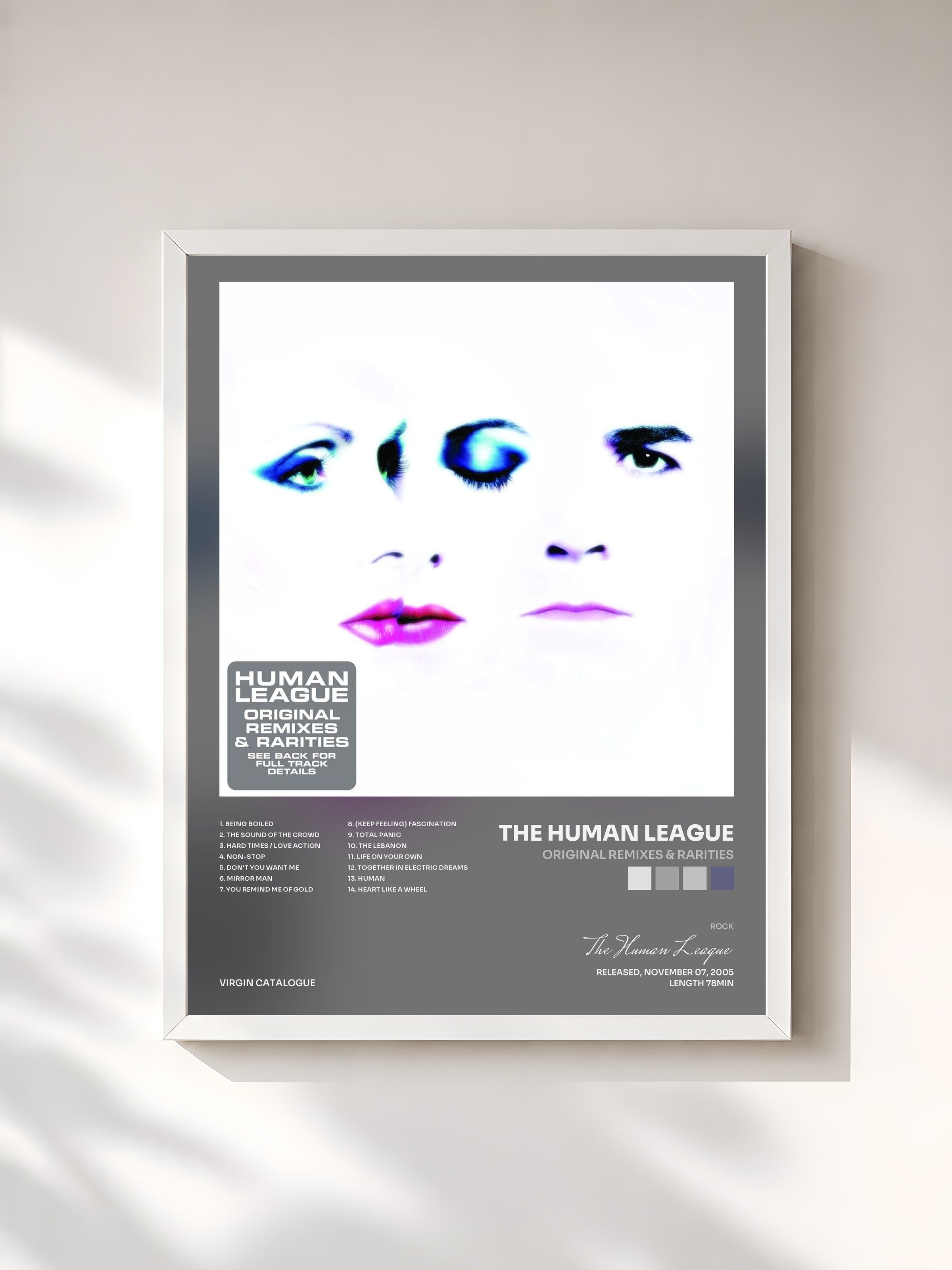 #blanc Tableau de l'album Original Remixes & Rarities de The Human League, cadre blanc, imprimé et encadré en France