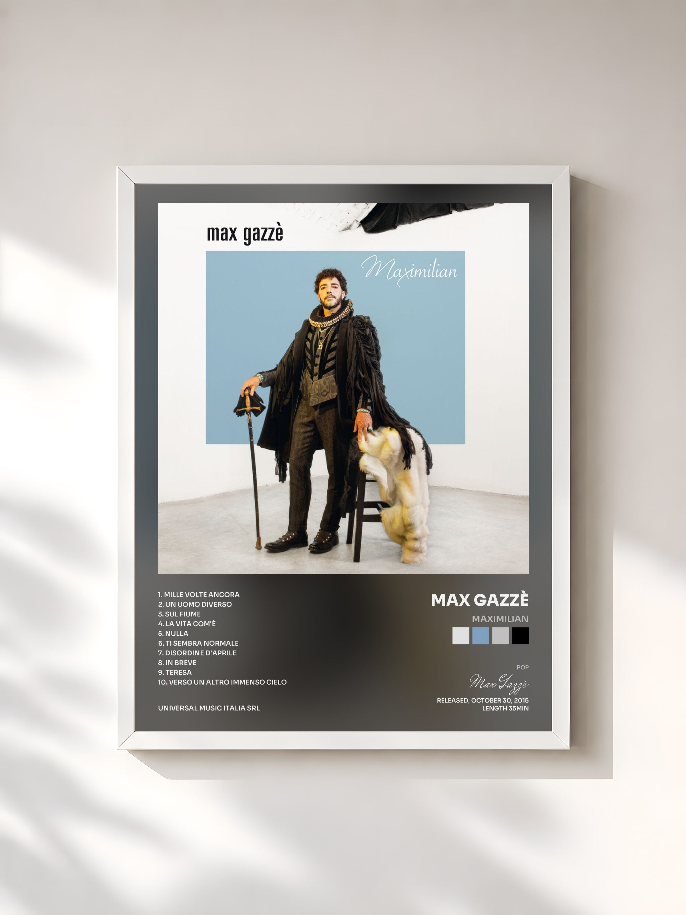 #blanc Tableau de l'album Maximilian de Max Gazzè, cadre blanc, imprimé et encadré en France