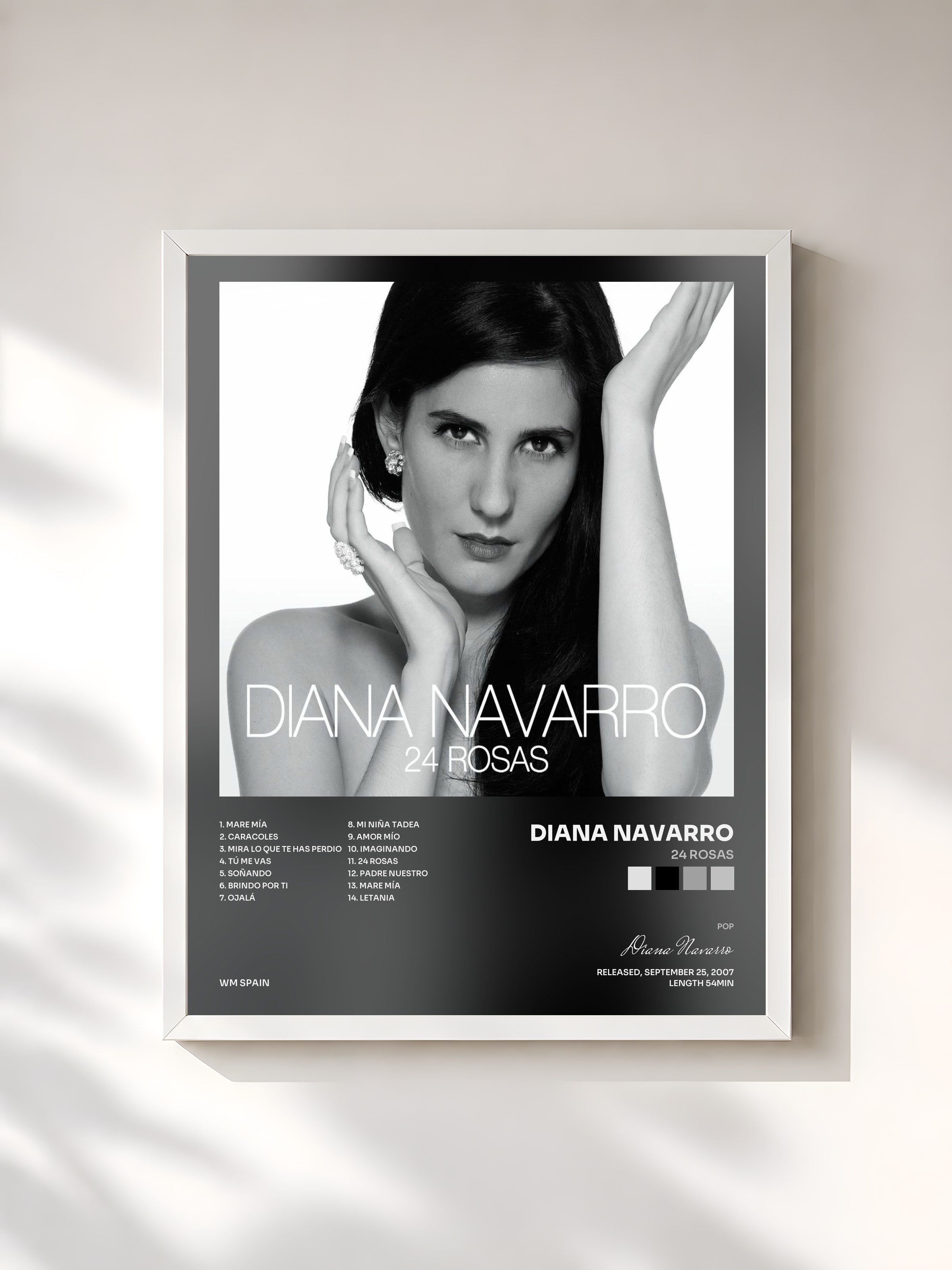 #blanc Tableau de l'album 24 Rosas de Diana Navarro, cadre blanc, imprimé et encadré en France