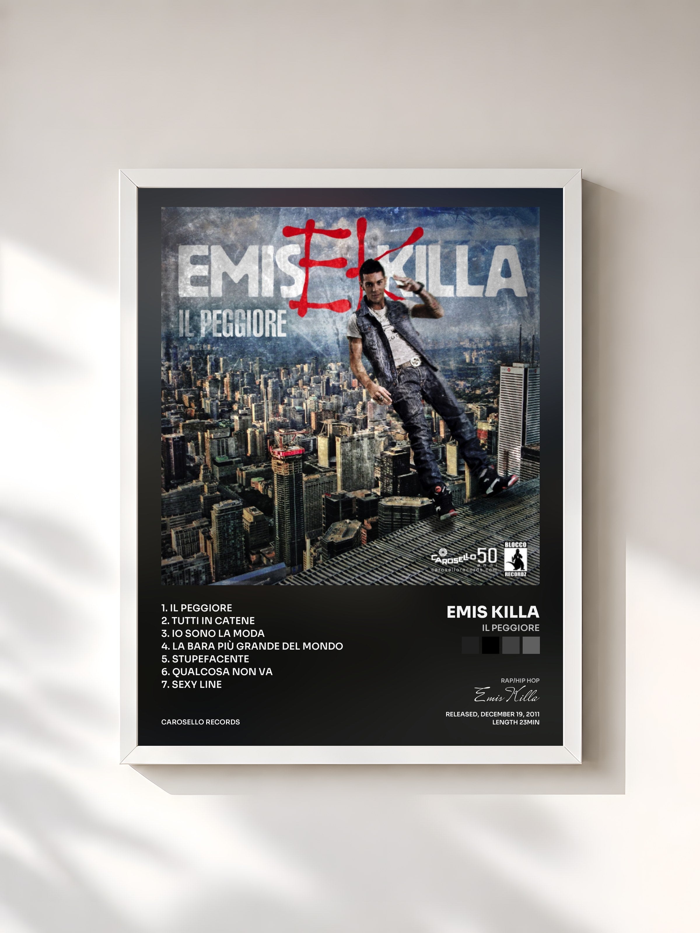 #blanc Tableau de l'album Il peggiore de Emis Killa, cadre blanc, imprimé et encadré en France