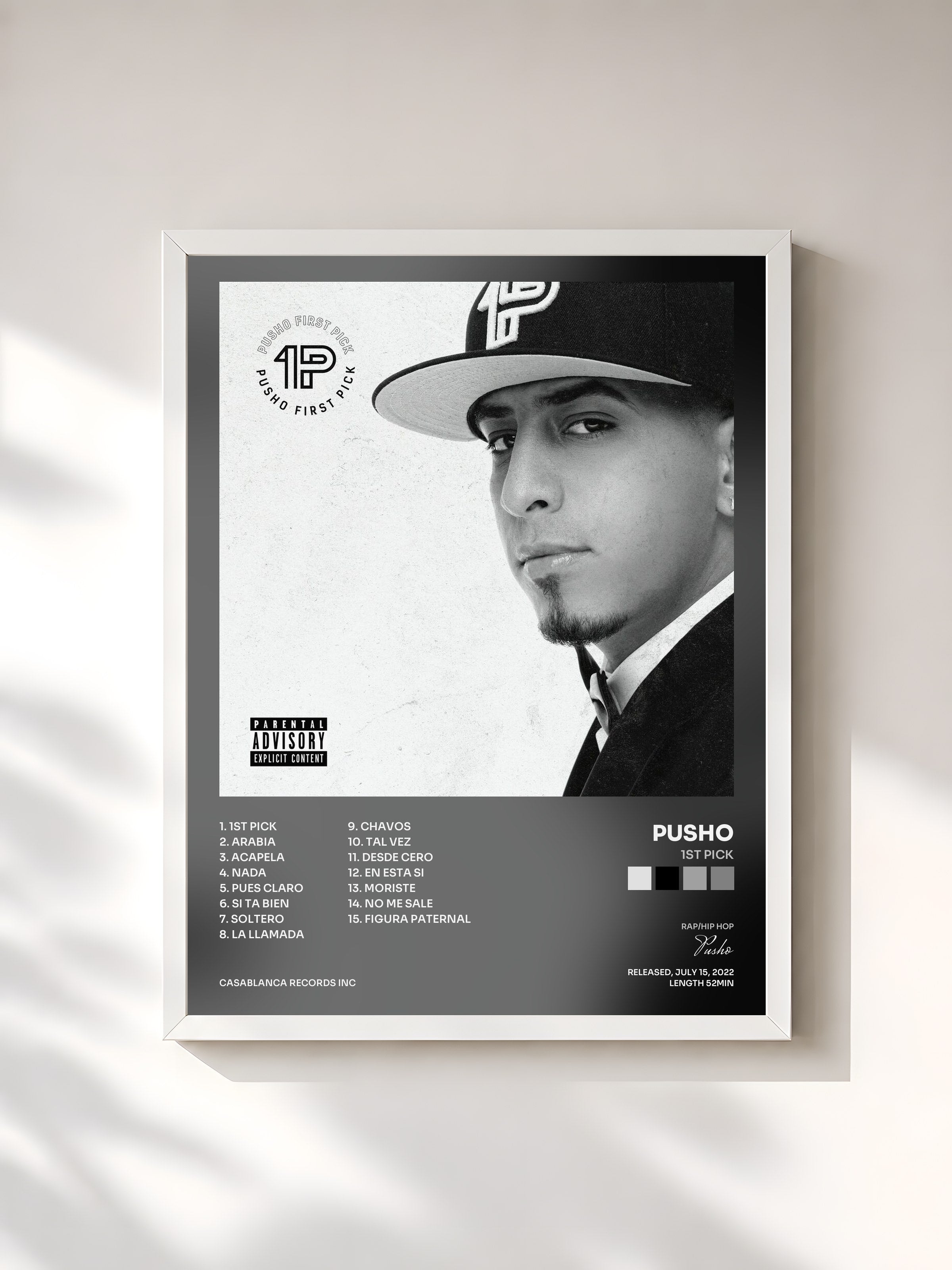#blanc Tableau de l'album 1ST PICK de Pusho, cadre blanc, imprimé et encadré en France