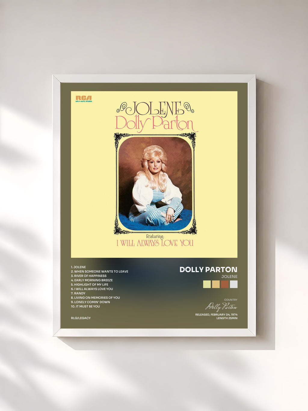 #blanc Tableau de l'album Jolene de Dolly Parton, cadre blanc, imprimé et encadré en France
