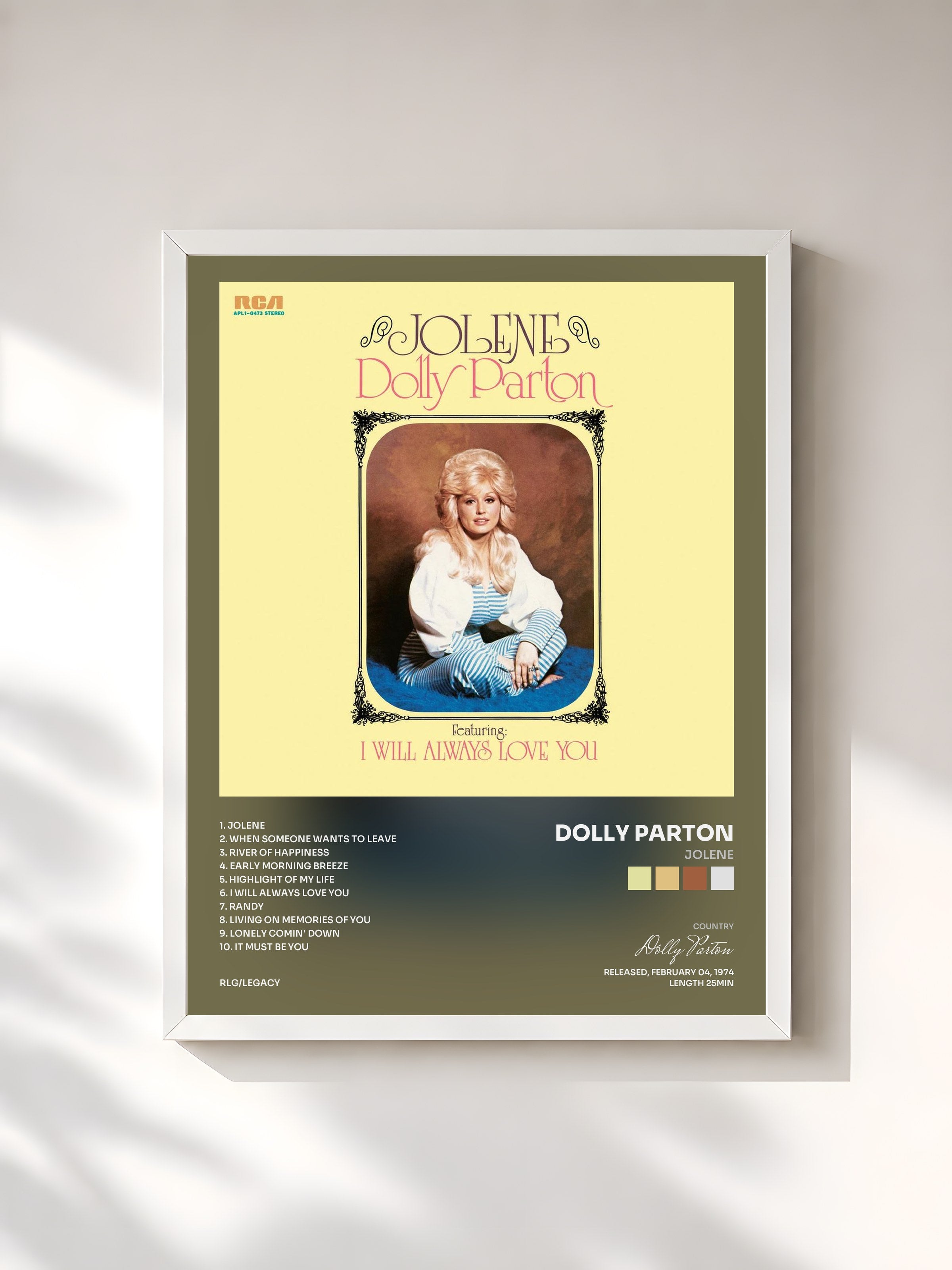 #blanc Tableau de l'album Jolene de Dolly Parton, cadre blanc, imprimé et encadré en France