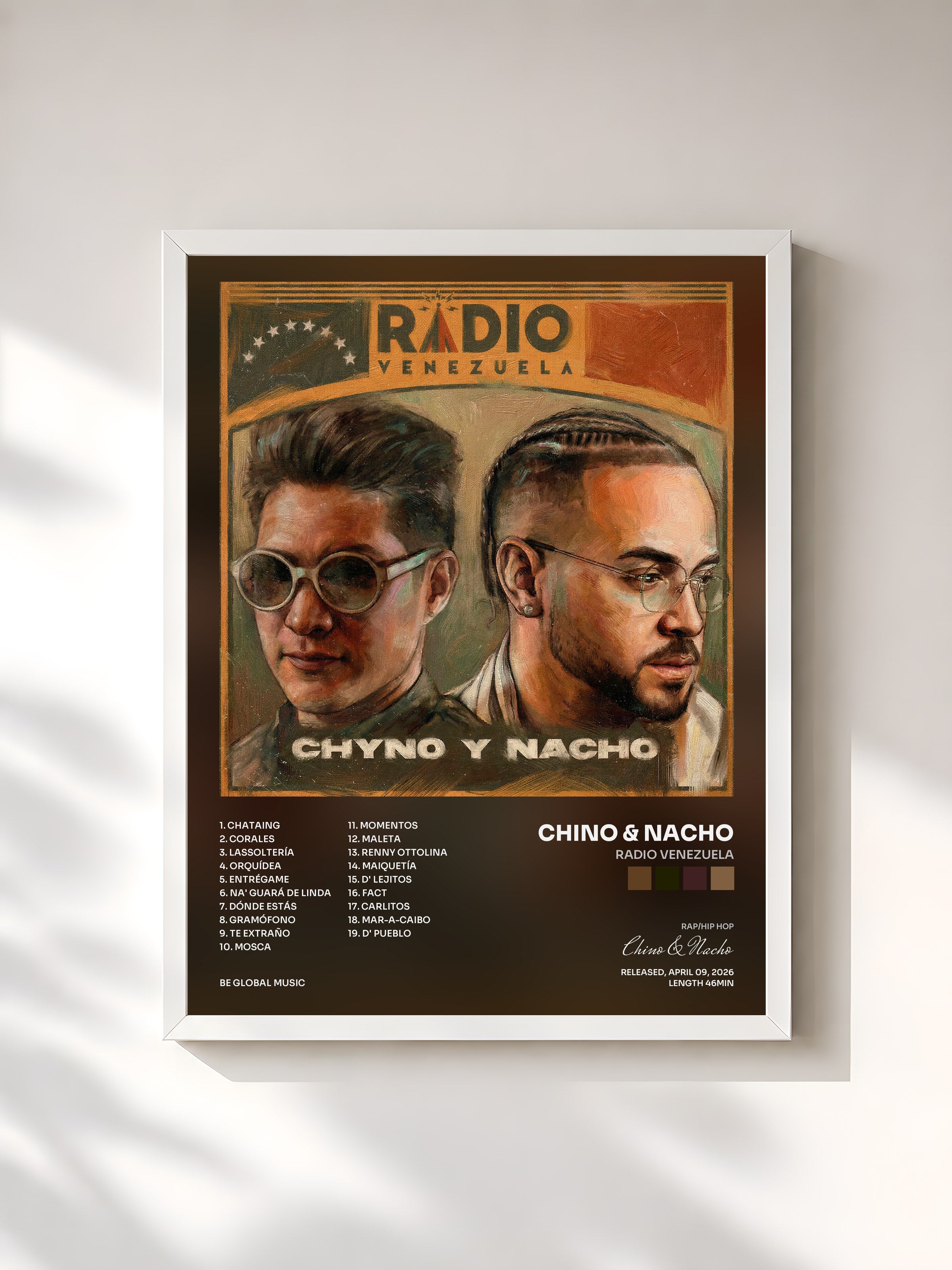 #blanc Tableau de l'album RADIO VENEZUELA de Chino & Nacho, cadre blanc, imprimé et encadré en France