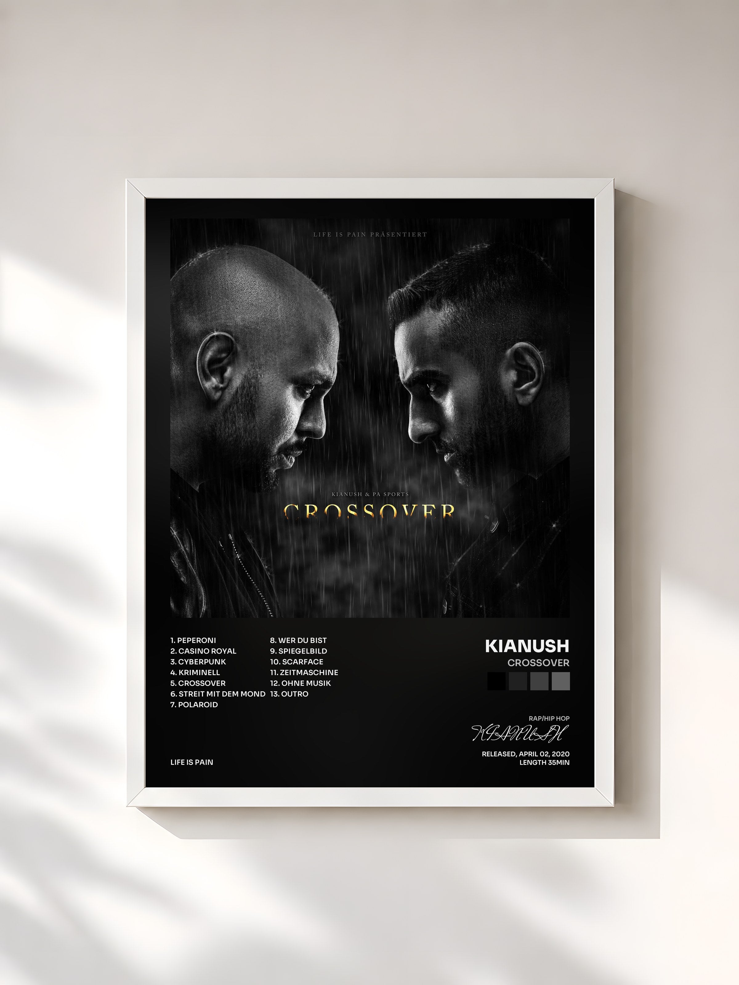 #blanc Tableau de l'album CROSSOVER de KIANUSH, cadre blanc, imprimé et encadré en France