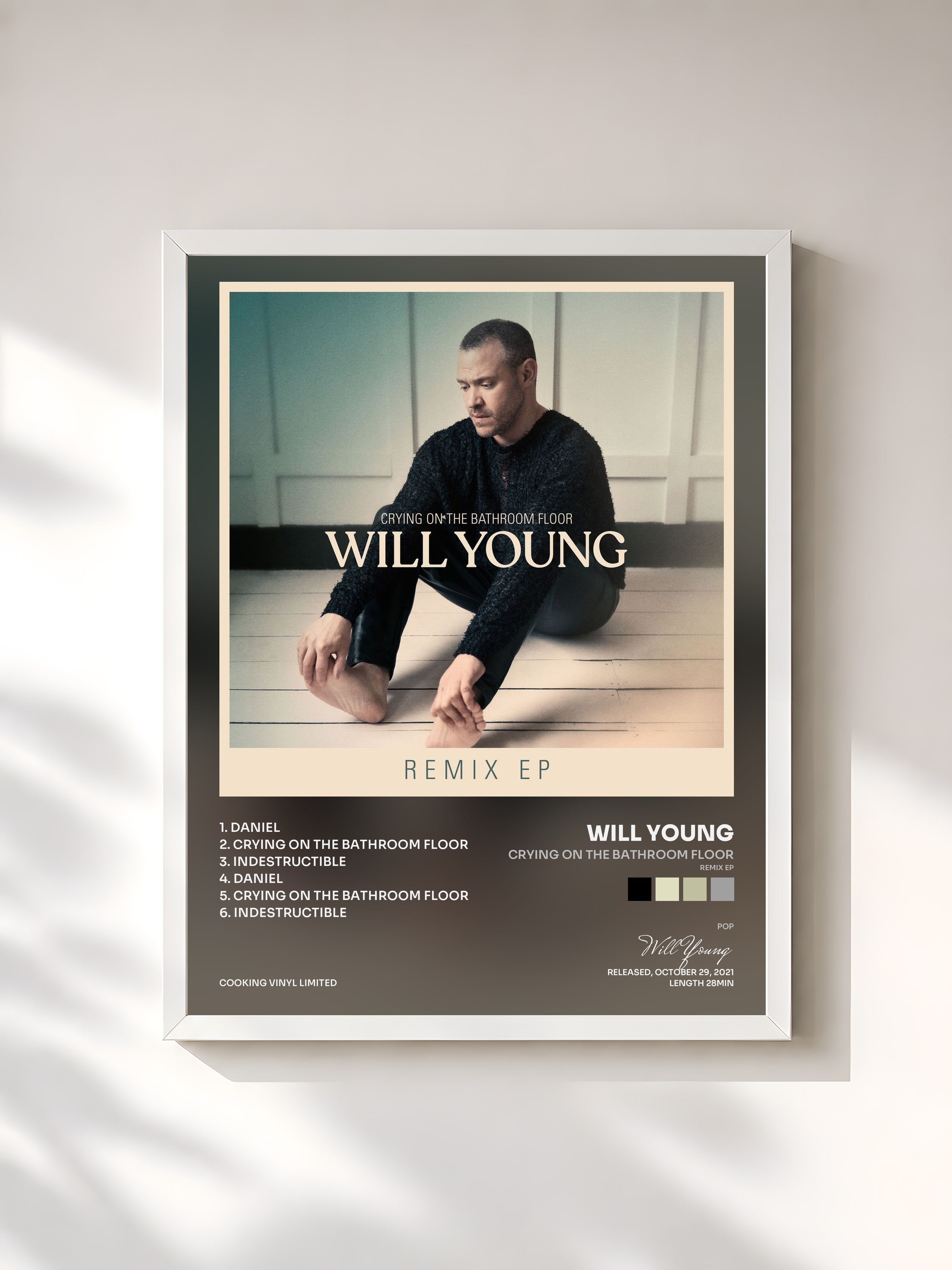 #blanc Tableau de l'album Crying on the Bathroom Floor (Remix EP) de Will Young, cadre blanc, imprimé et encadré en France