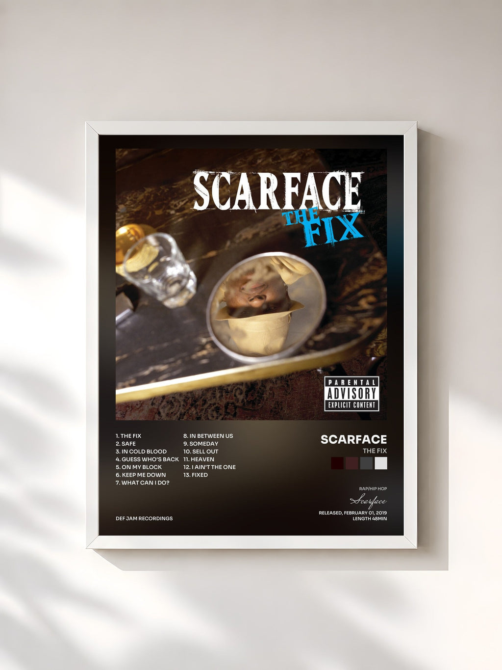 #blanc The Fix de Scarface en lámina enmarcada, marco blanco, impresa y enmarcada en Francia