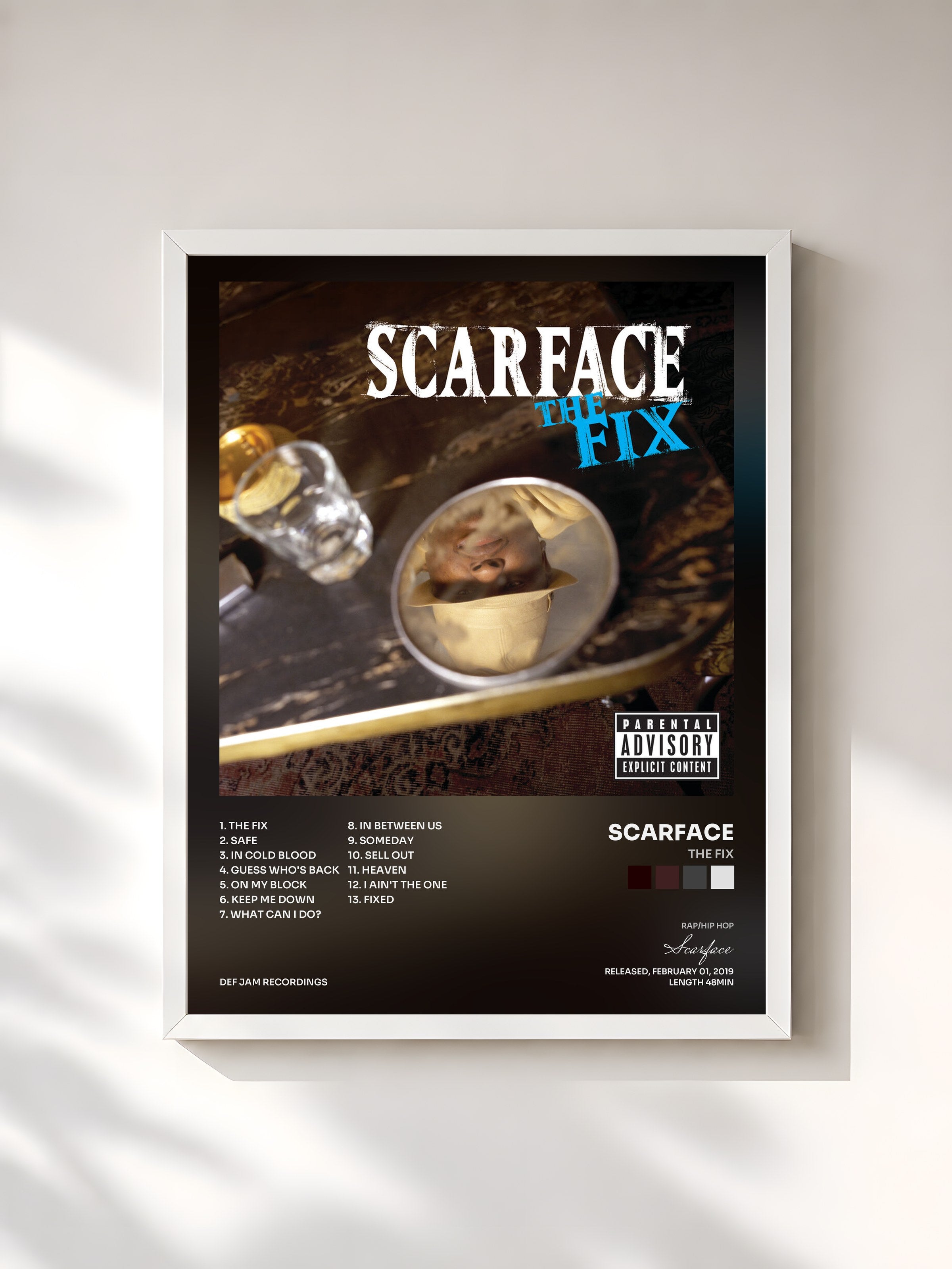 #blanc Tableau de l'album The Fix de Scarface, cadre blanc, imprimé et encadré en France