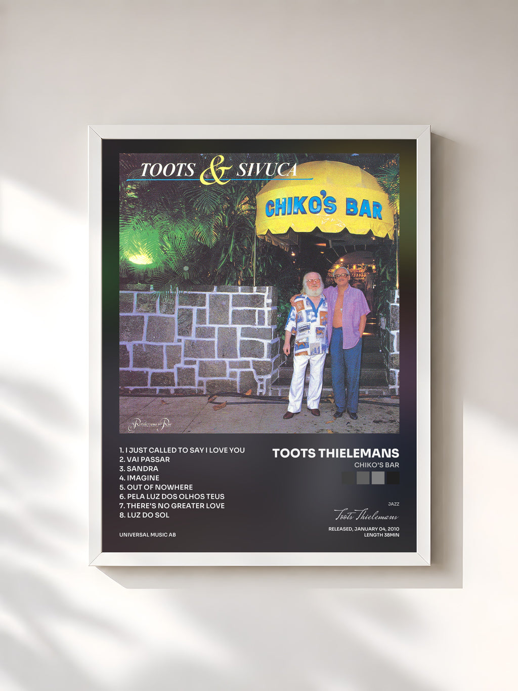 #blanc Tableau de l'album Chiko's Bar de Toots Thielemans, cadre blanc, imprimé et encadré en France