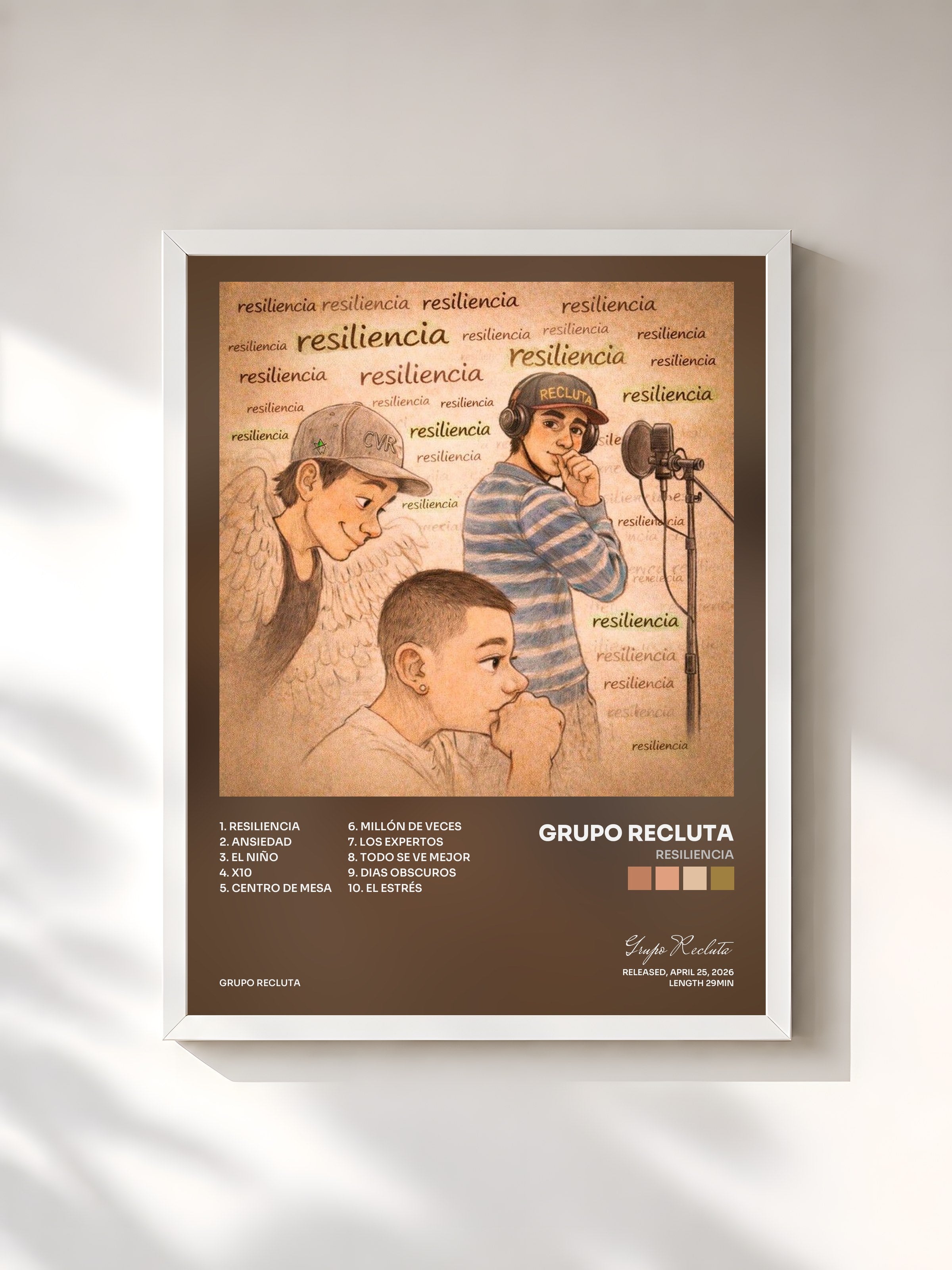 #blanc Tableau de l'album Resiliencia de Grupo Recluta, cadre blanc, imprimé et encadré en France