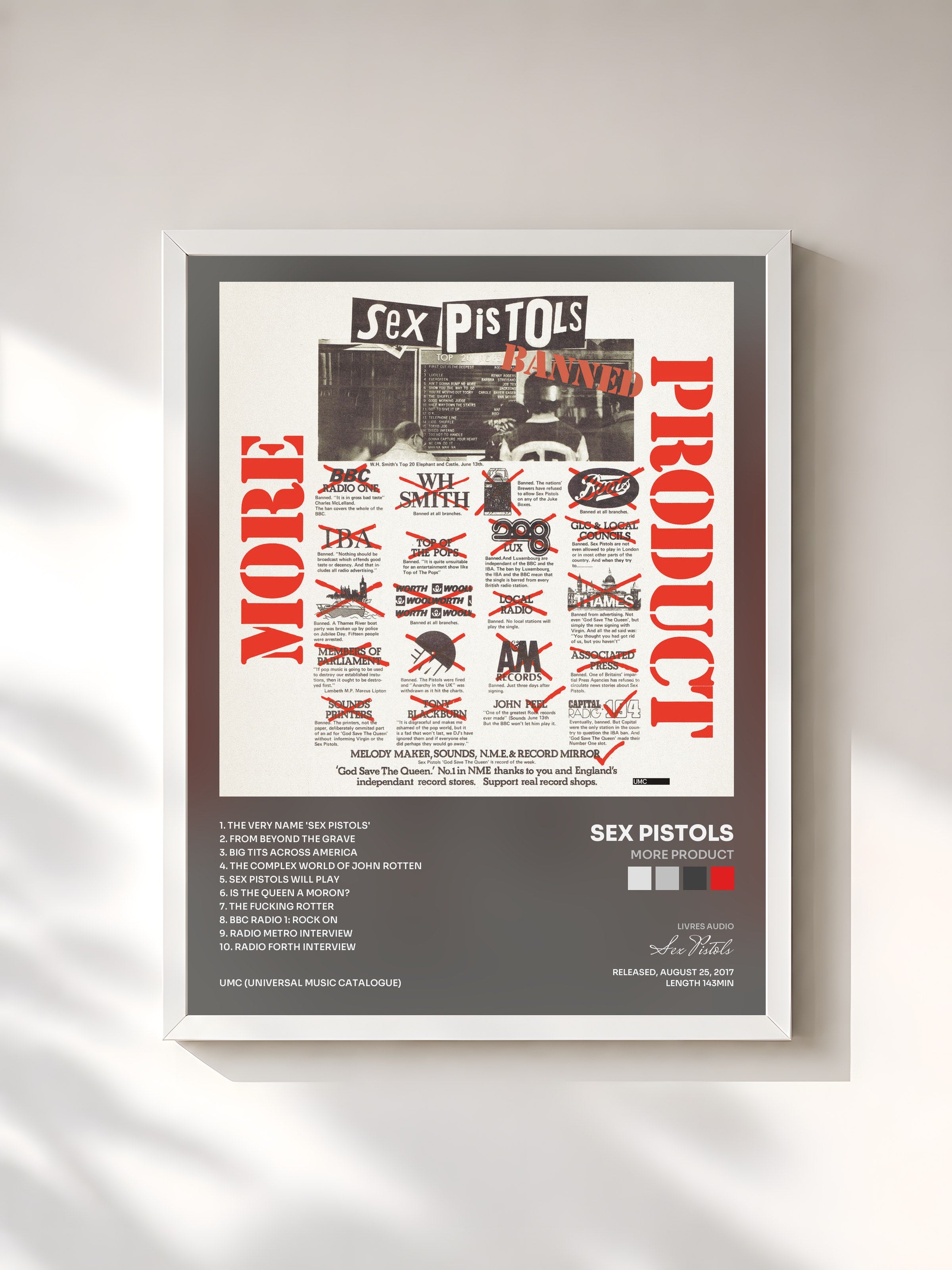#blanc Tableau de l'album More Product de Sex Pistols, cadre blanc, imprimé et encadré en France