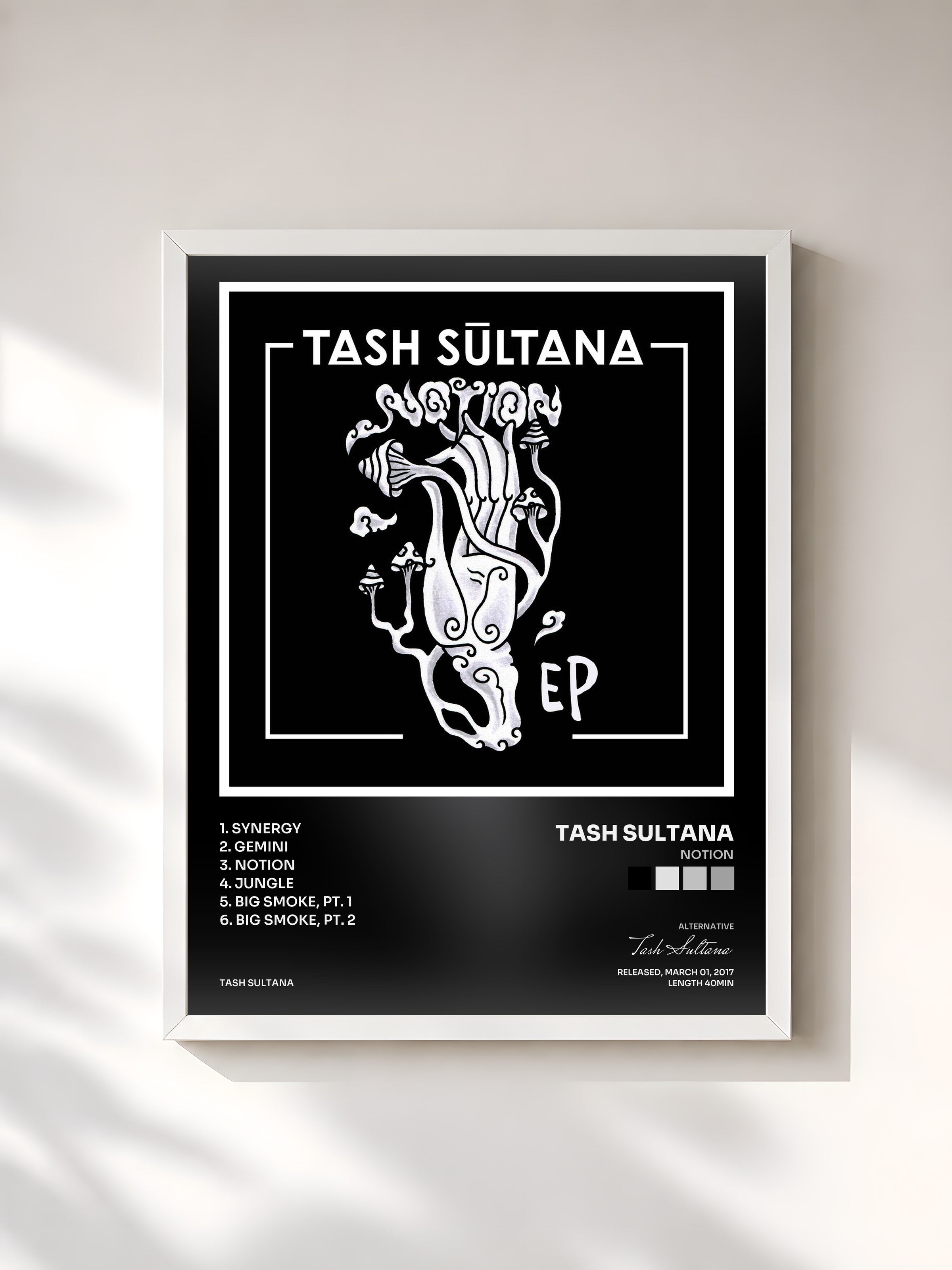 #blanc Tableau de l'album Notion de Tash Sultana, cadre blanc, imprimé et encadré en France