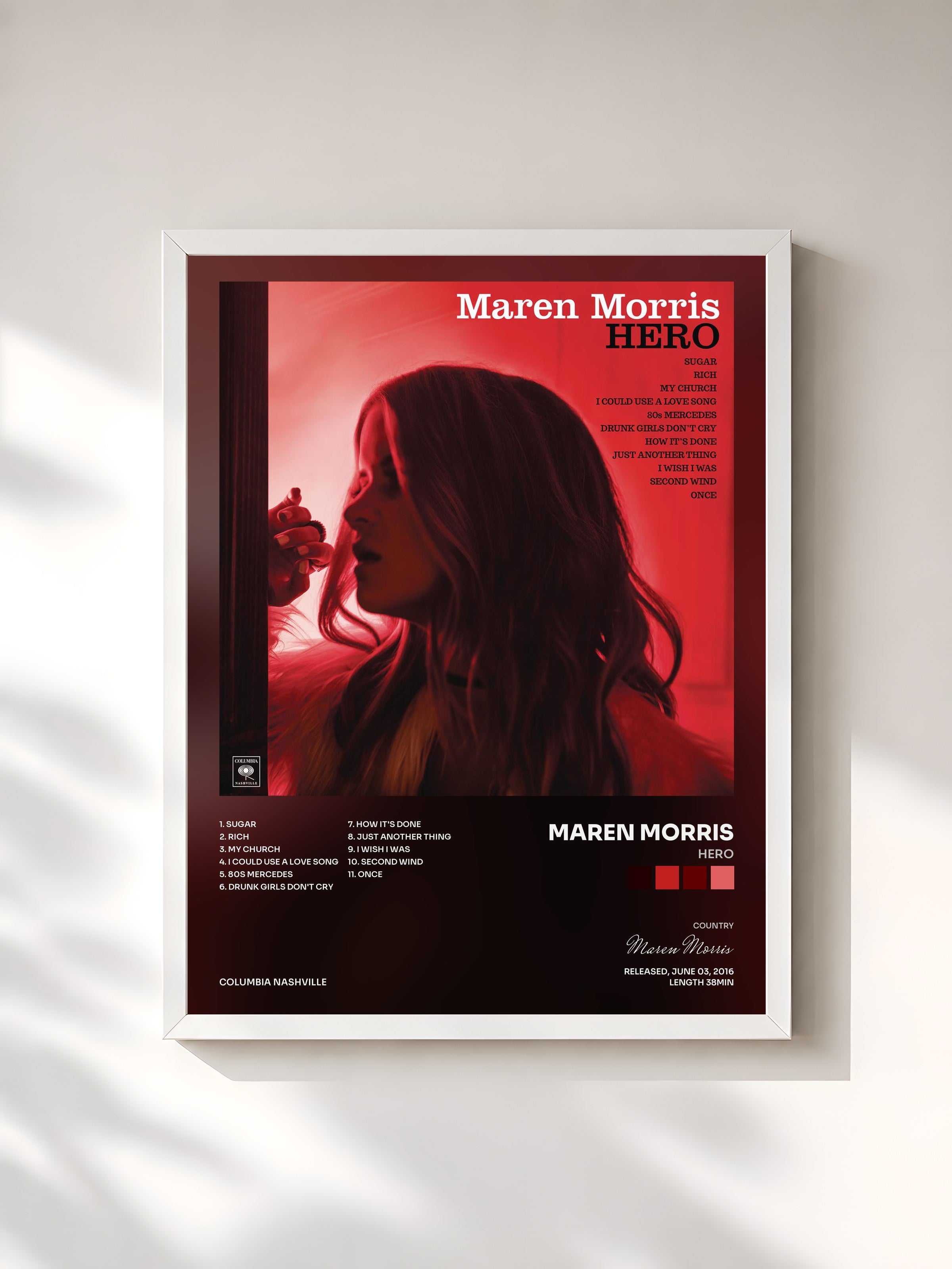 #blanc Tableau de l'album HERO de Maren Morris, cadre blanc, imprimé et encadré en France