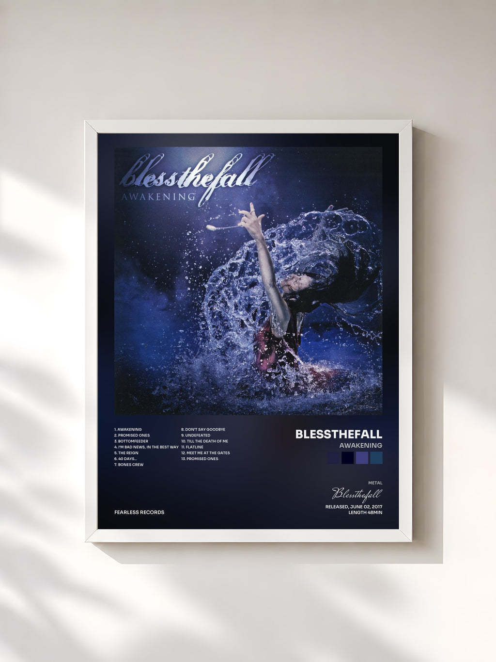 #blanc Tableau de l'album Awakening de Blessthefall, cadre blanc, imprimé et encadré en France