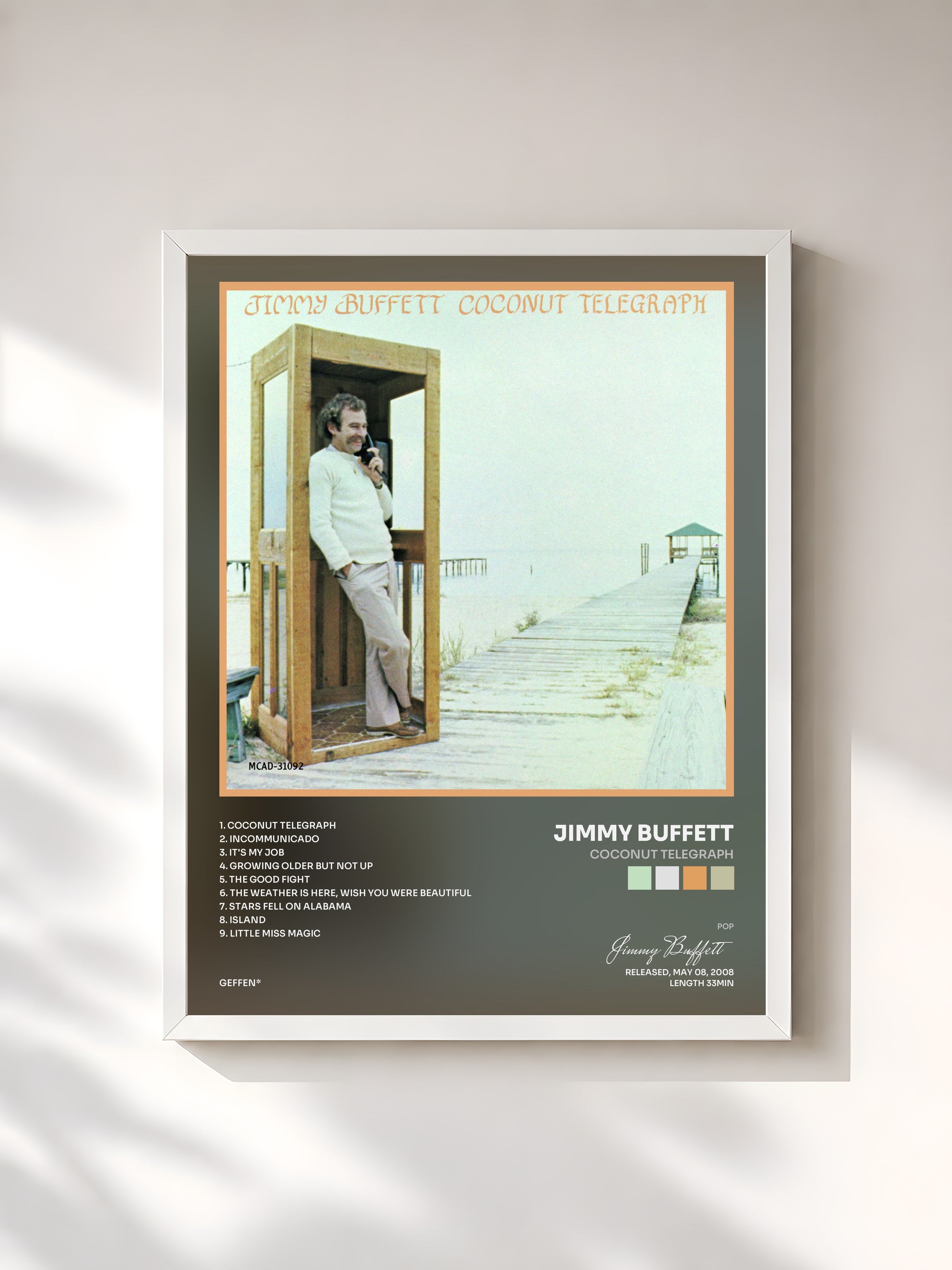 #blanc Tableau de l'album Coconut Telegraph de Jimmy Buffett, cadre blanc, imprimé et encadré en France