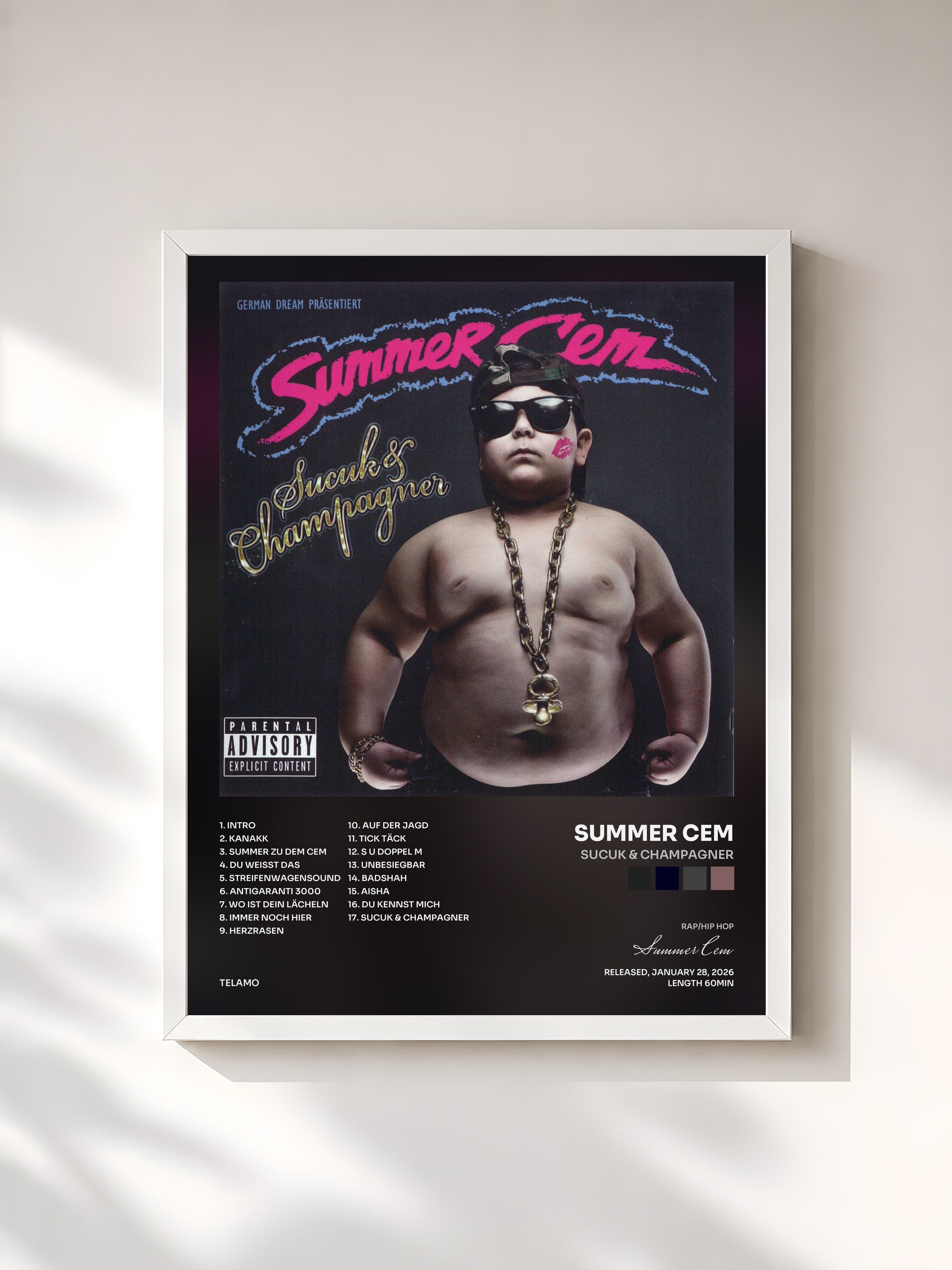 #blanc Tableau de l'album Sucuk & Champagner de Summer Cem, cadre blanc, imprimé et encadré en France