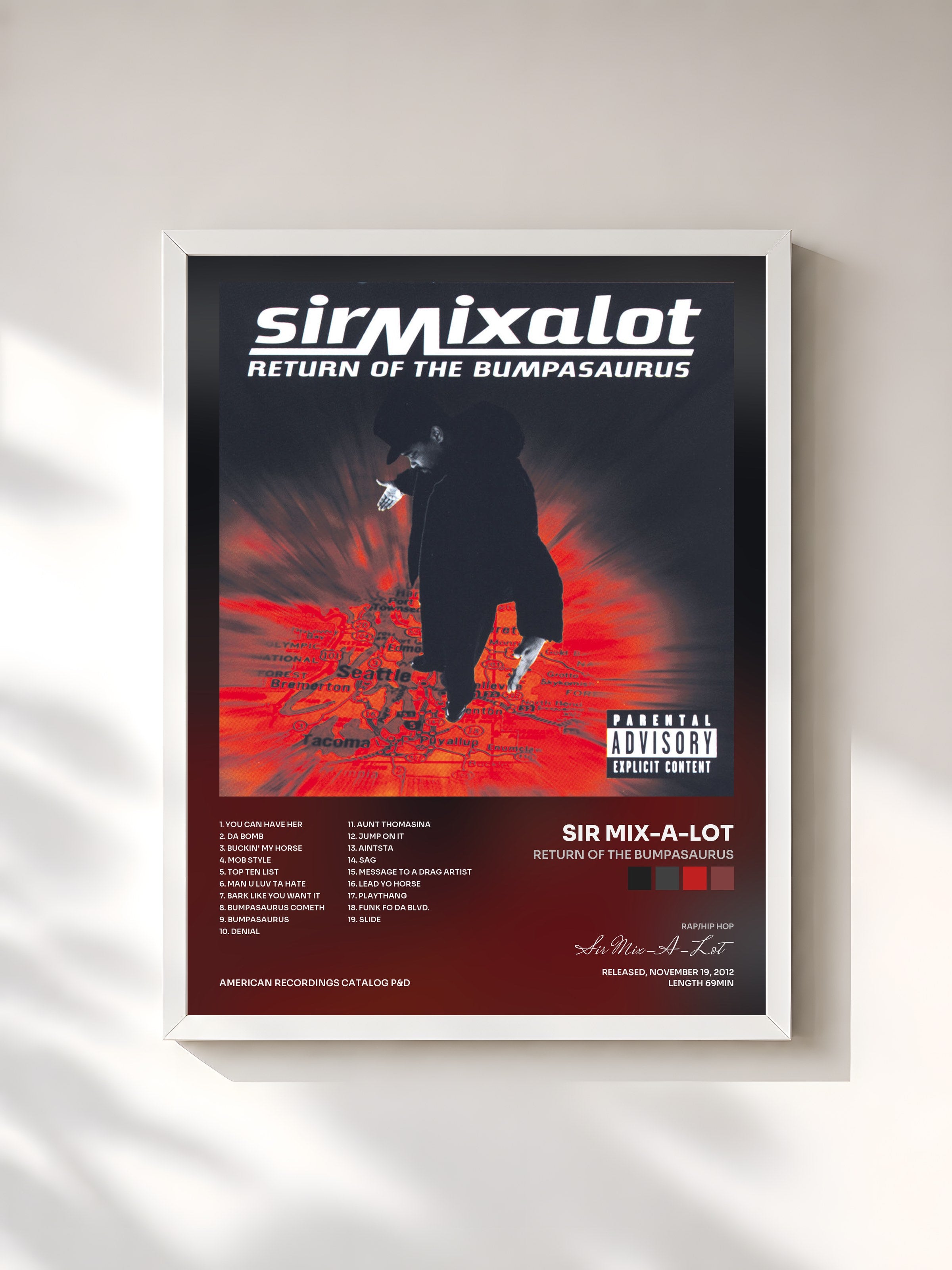 #blanc Tableau de l'album Return Of The Bumpasaurus de Sir Mix-A-Lot, cadre blanc, imprimé et encadré en France